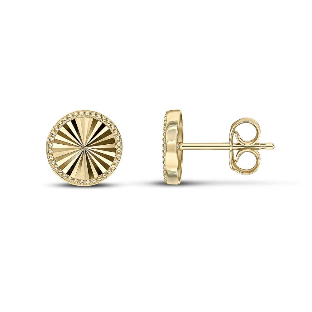 9ct Yellow Gold 9mm Diamond Cut Beaded Edge Round Stud Earrings