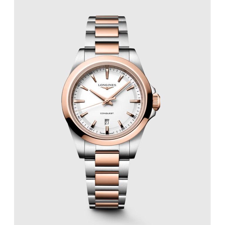 Longines Conquest Quartz Watch. White Dial Rose PVD and Stainless Steel Bracelet