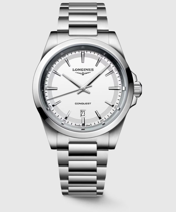 Longines Conquest Quartz Watch. White Dial Stainless Steel Bracelet.