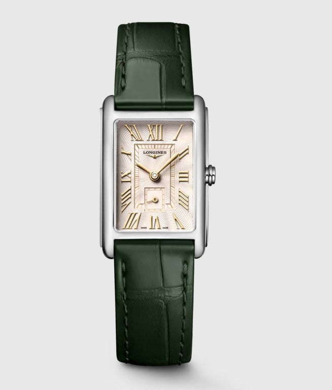 Longines Dolce Vita Quartz Watch. Ivory Gilt Dial, Olive Green Aligator Strap