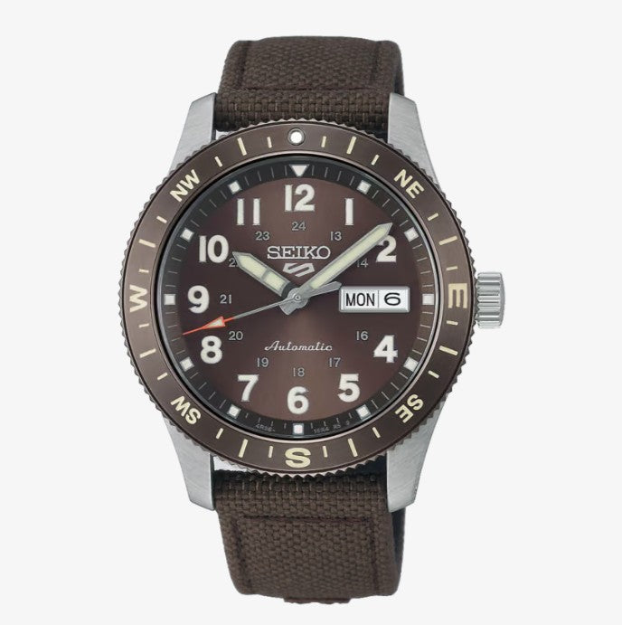 Seiko 5 Sports Field in Coyote Brown Automatic Watch. On Brown Nylon Strap