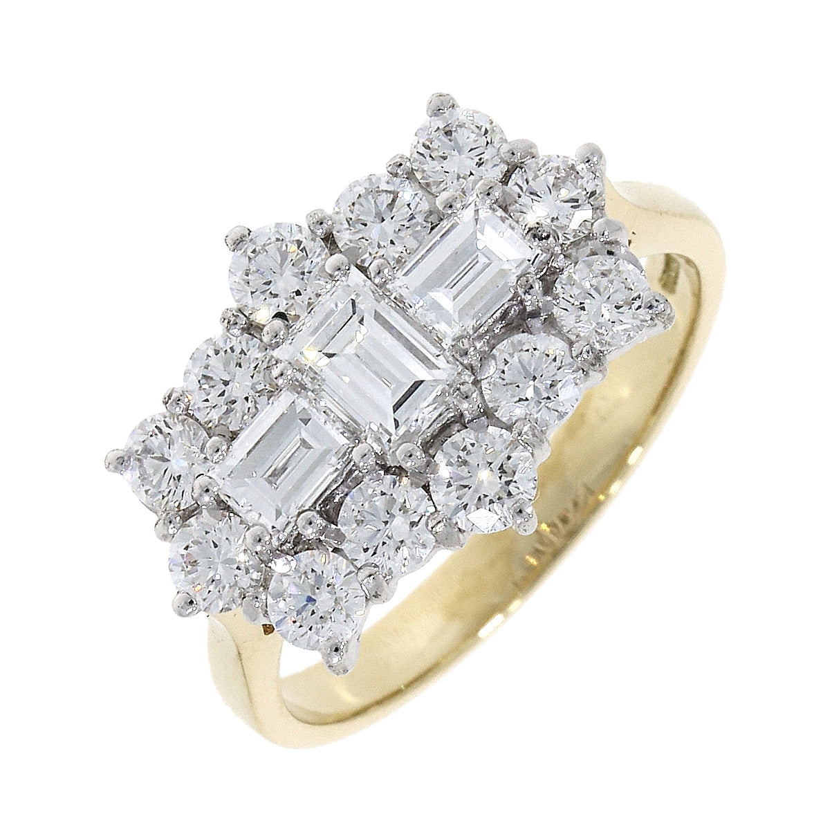 18ct Yellow Gold 3 Baguette and 12 Brilliant Diamond Cluster Ring