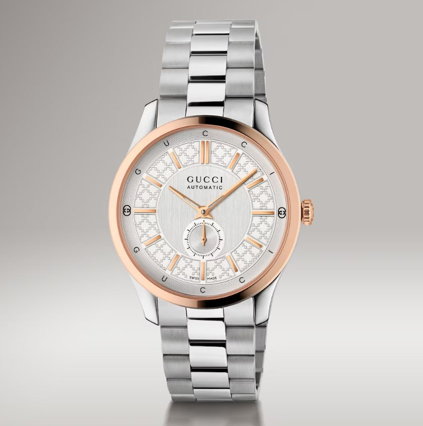 Gucci G-Timeless Automatic Watch. White Dial With Rose Gold Plated Accents, Stainless Steel Bracelet