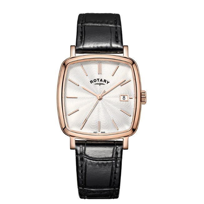Heritage Astoria Quartz Watch. White Dial, Rose Gold Plated Case, Black Leather Strap.