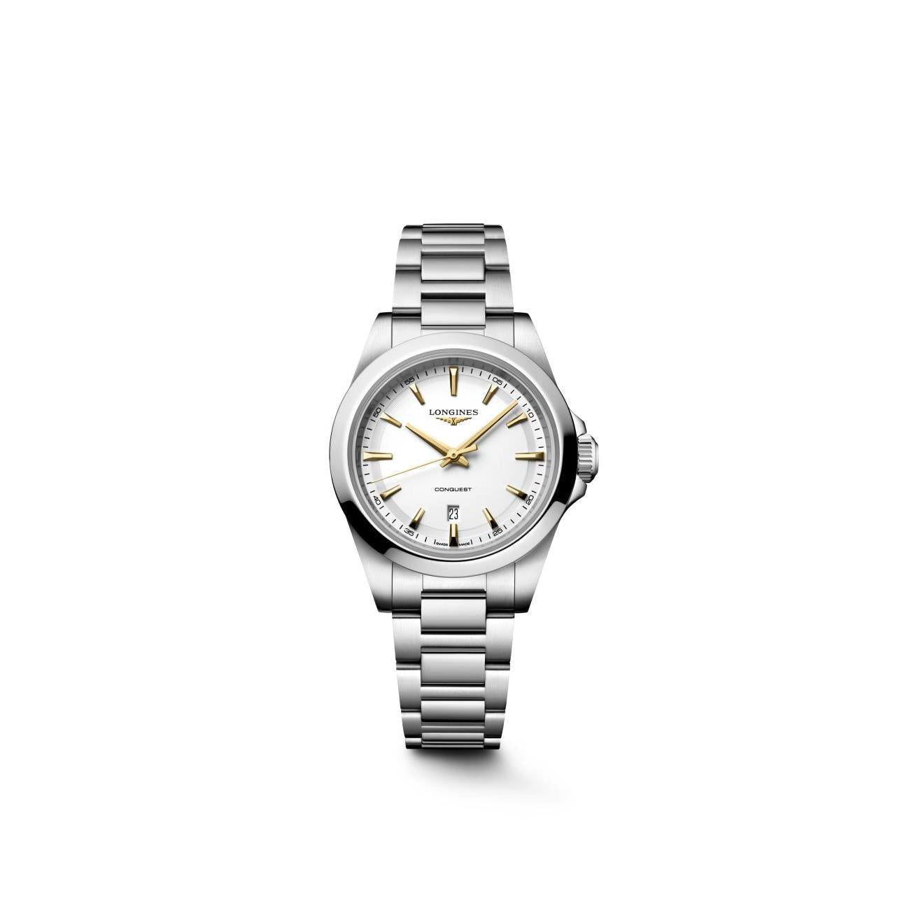 Longines Conquest Quartz Watch. White Dial, Gold Batons, Stainless Steel Braclet.