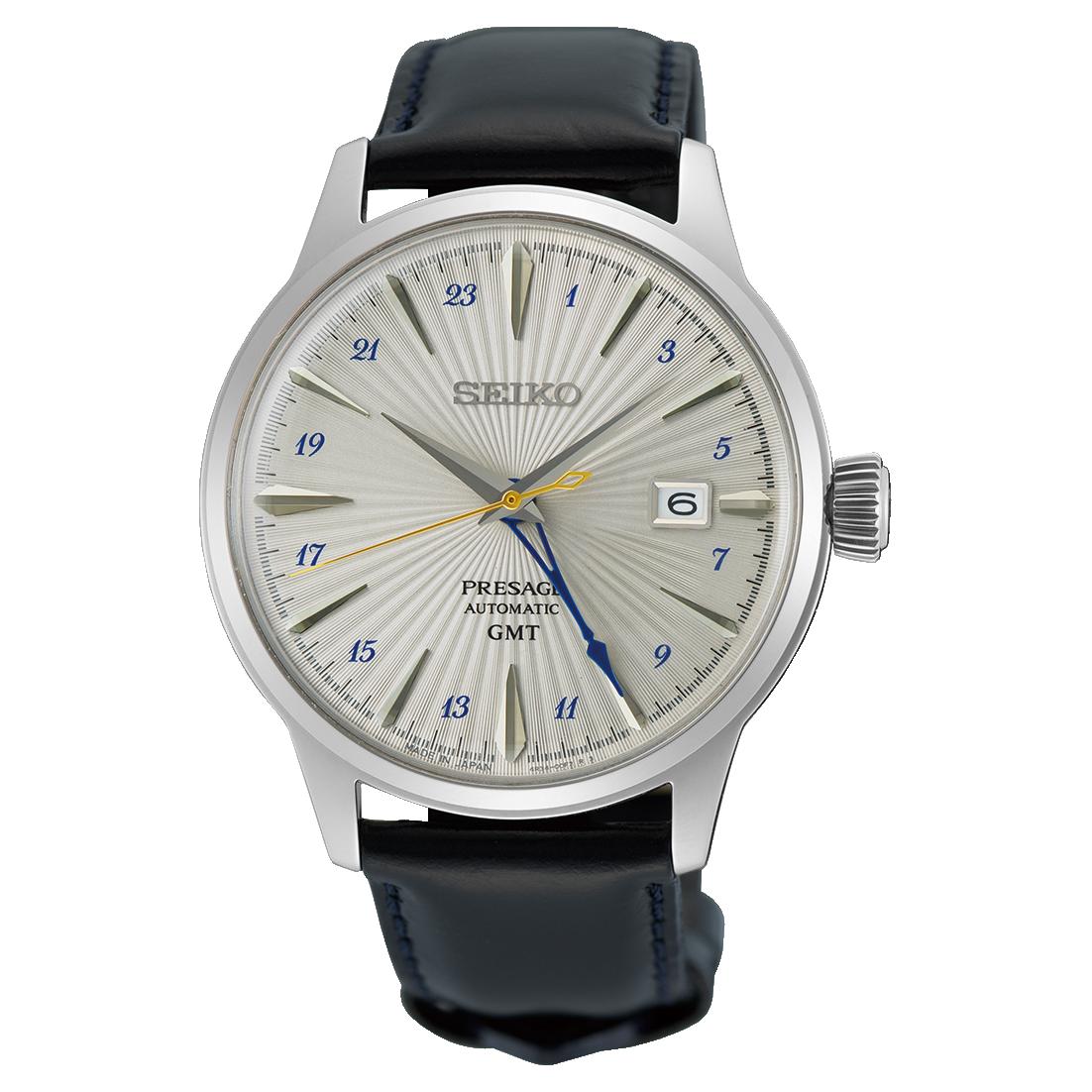 Seiko Presage Silver Bullet Cocktail Time GMT Automatic Watch. Black Leather Strap