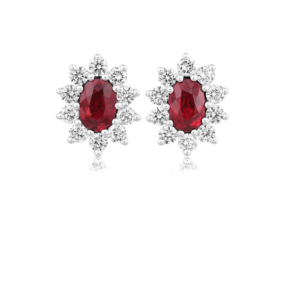18ct white gold oval ruby and brilliant cut claw set stud earrings