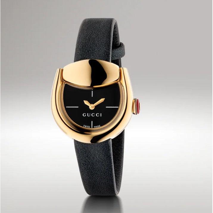 Gucci Horsebit Quartz Watch. Black Dial, Gold Plated Case, Black Leather Strap