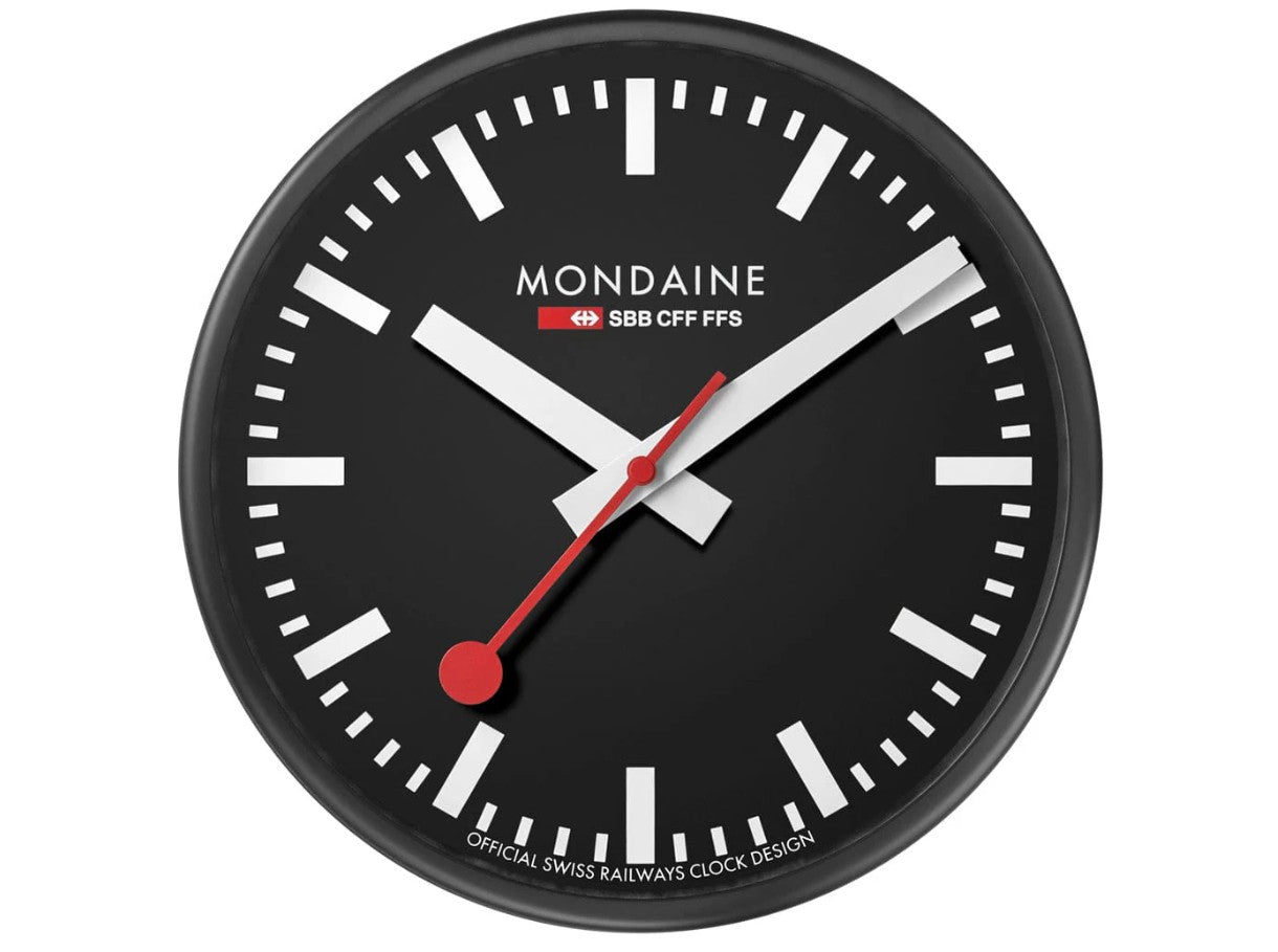 Mondaine Black Wall Clock 25cm with Black Aluminium Case