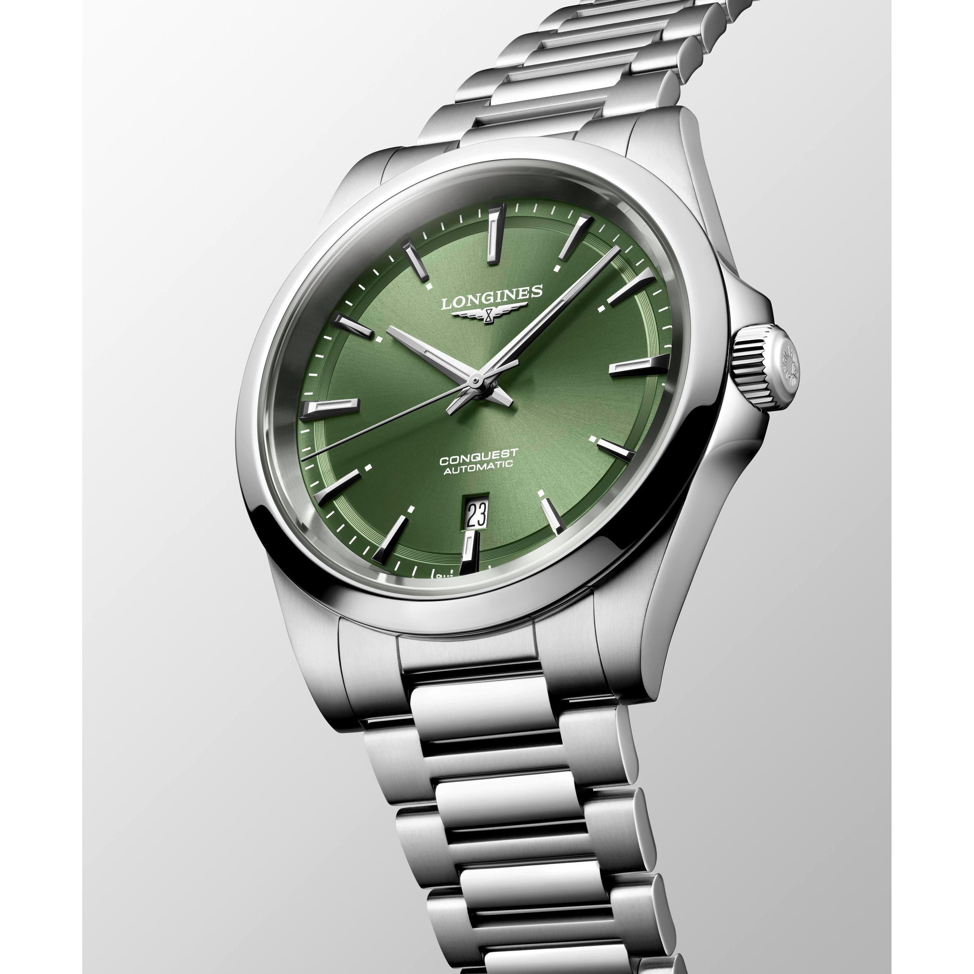 Longines Conquest Automatic Watch. Green Dial Stainless Steel Bracelet.