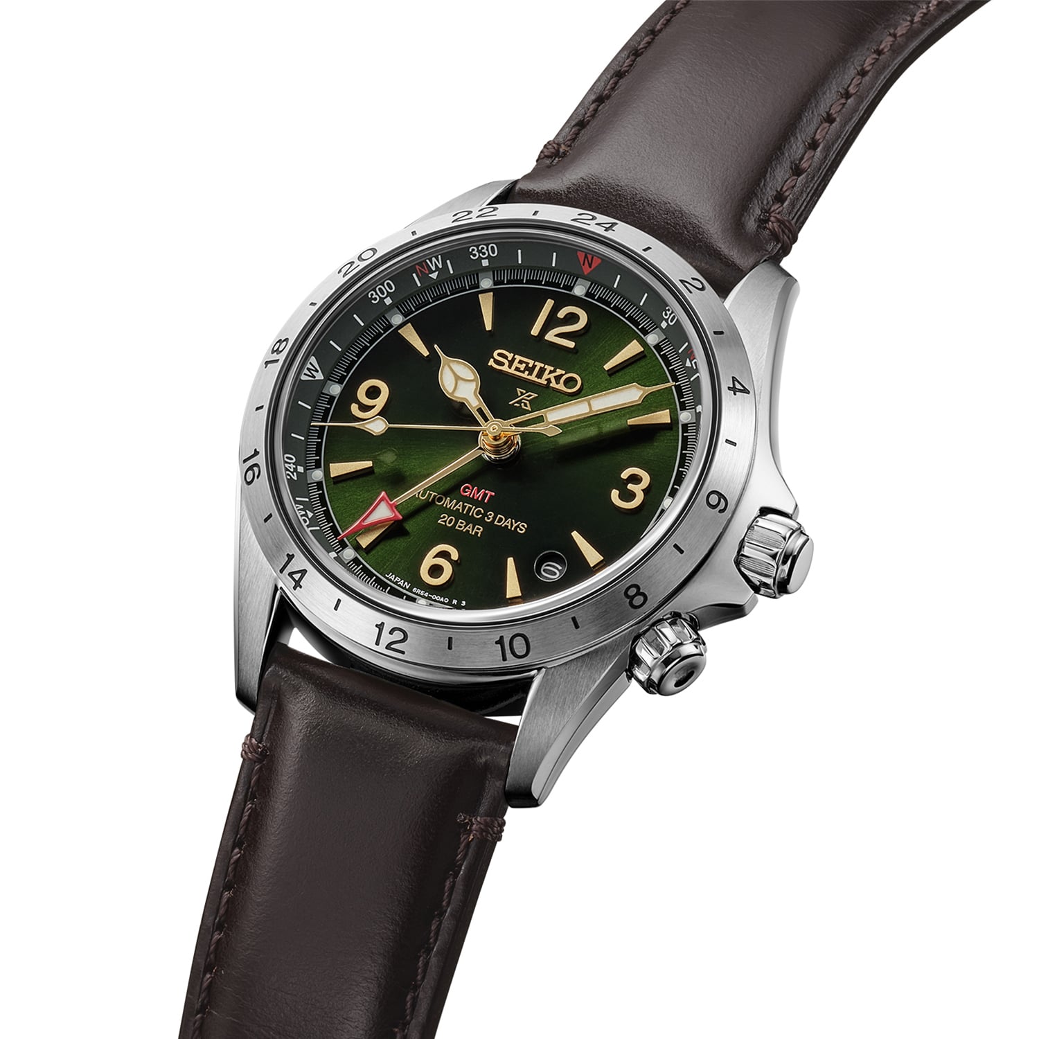 Seiko Prospex Alpinist Mechanical GMT Automatic Watch. Green Dial Brown Leather Strap