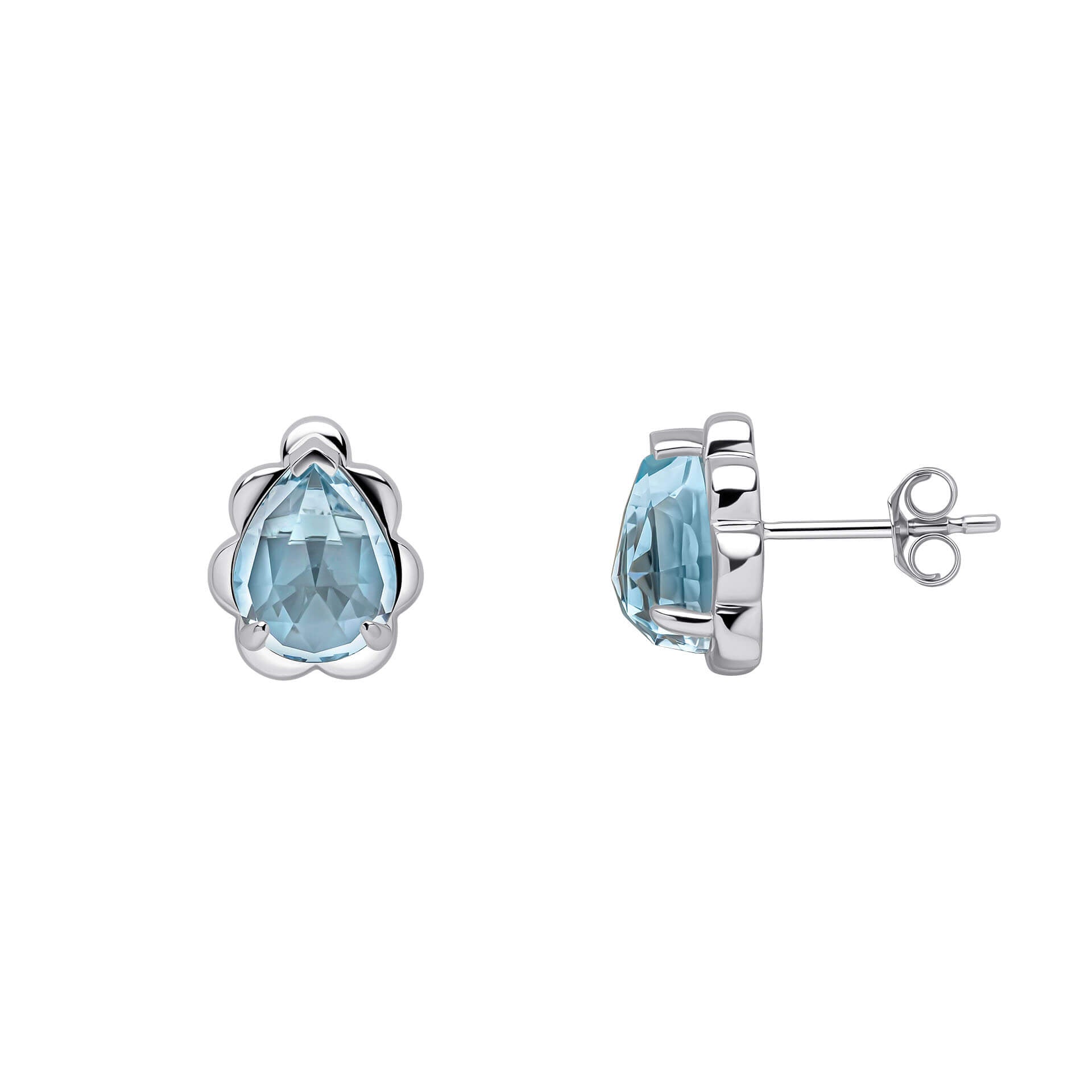 9ct White Gold Fancy Cut Sky Blue Topaz Flower Bud Stud Earrings