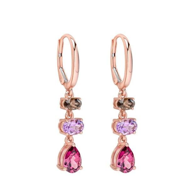 9ct Rose Gold Rhodalite Garnet, Amethyst and Smokey Quartz Drop Earrings