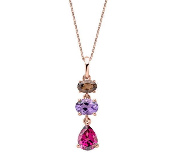 9ct Rose Gold Rhodalite Garnet, Amethyst and Smokey Quartz Pendant