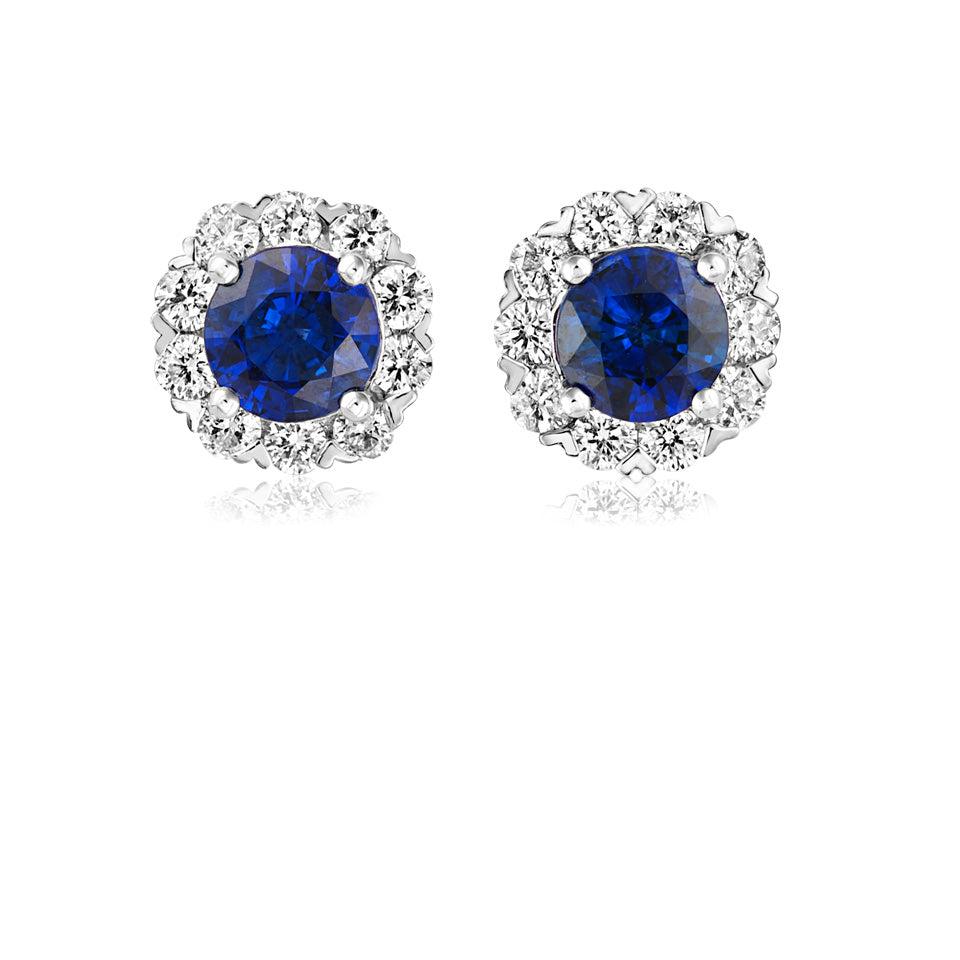 18ct white gold round claw set cluster earrings with sapphire and diamonds
