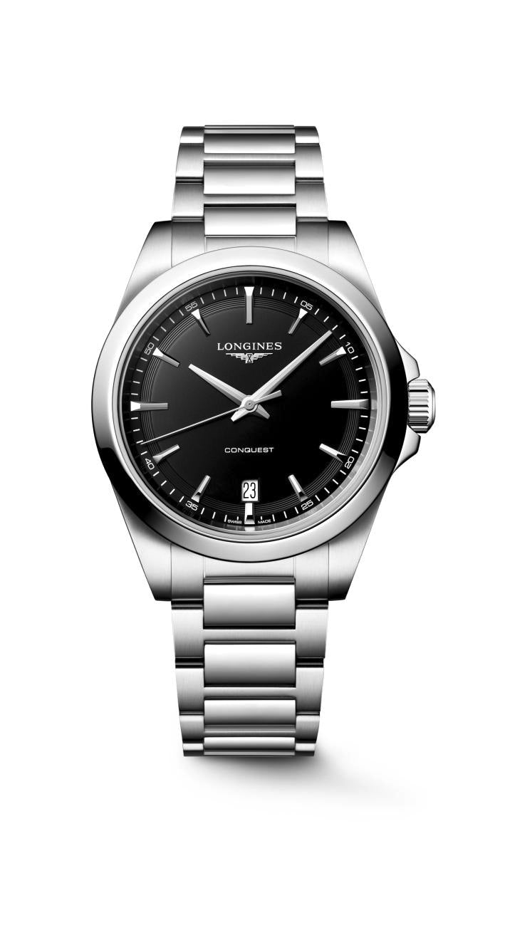 Longines Conquest Quartz Watch. Black Dial Stainless Steel Bracelet.