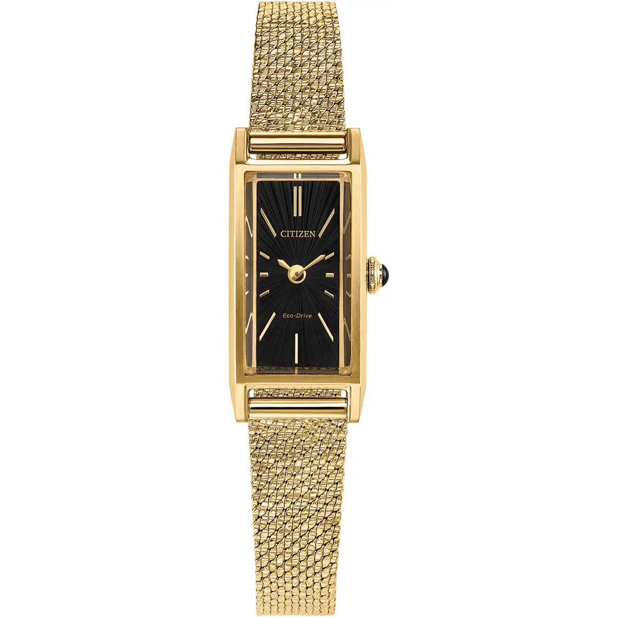Fio Eco-Drive Watch. Black Dial, Gold Plated Stainless Steel Mesh Bracelet
