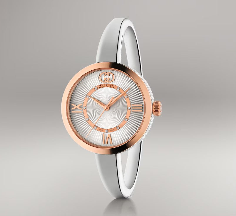 Gucci Model 2000 Quartz Watch. Silver and Rose Dial, Stainless Steel Bangle