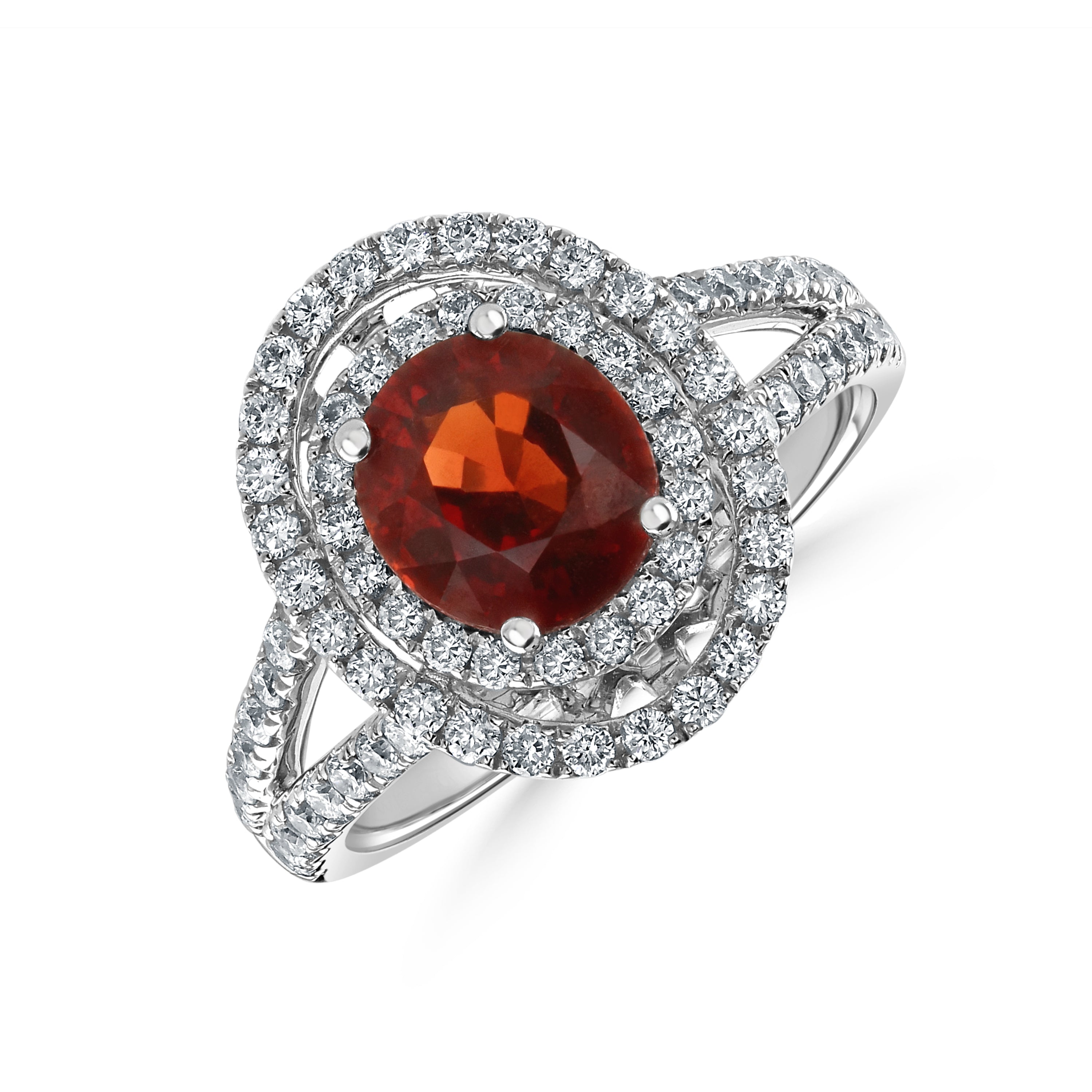 18ct White Gold Oval Red Spinel & Diamond Double Halo Cluster Ring with Split Diamond Shoulders