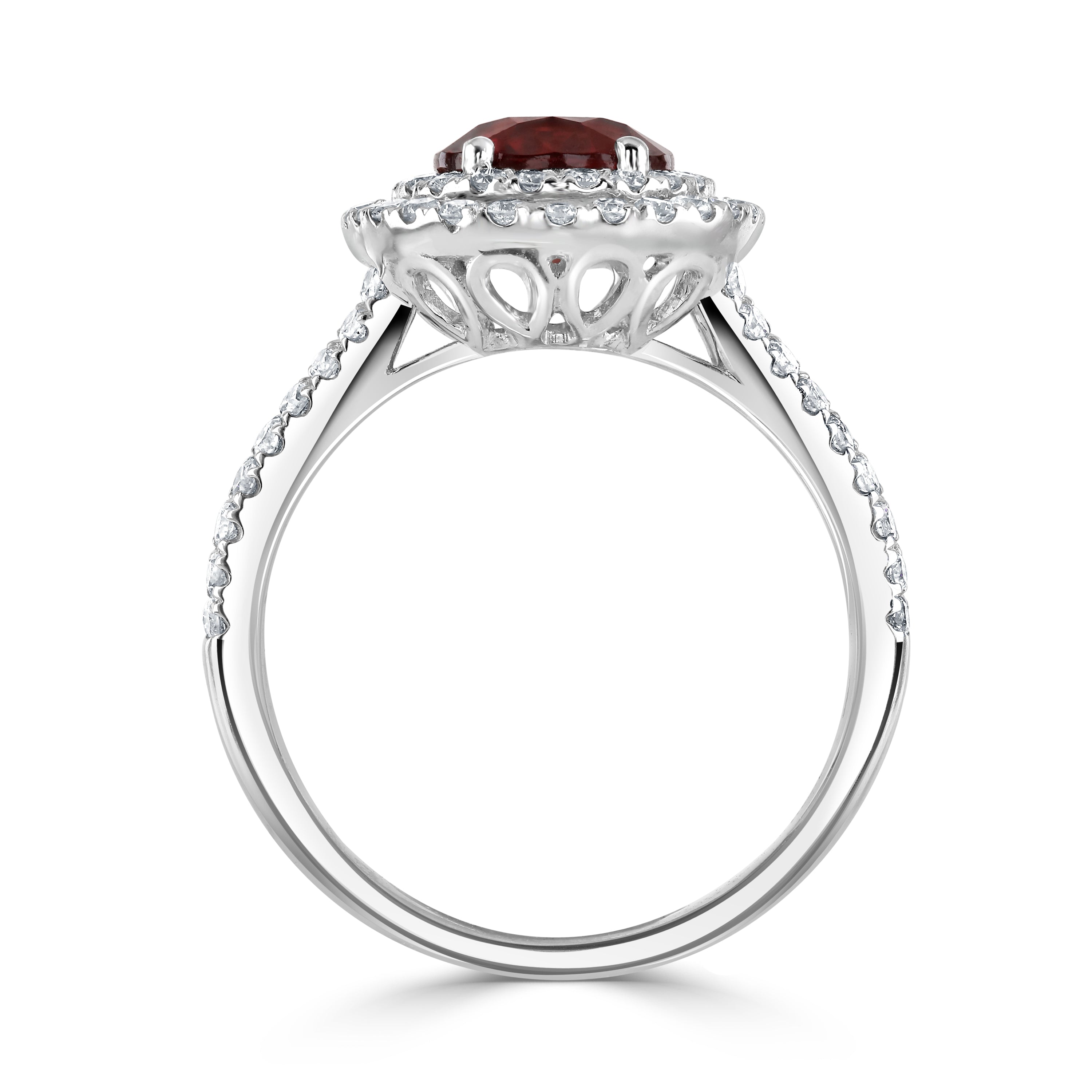 18ct White Gold Oval Red Spinel & Diamond Double Halo Cluster Ring with Split Diamond Shoulders