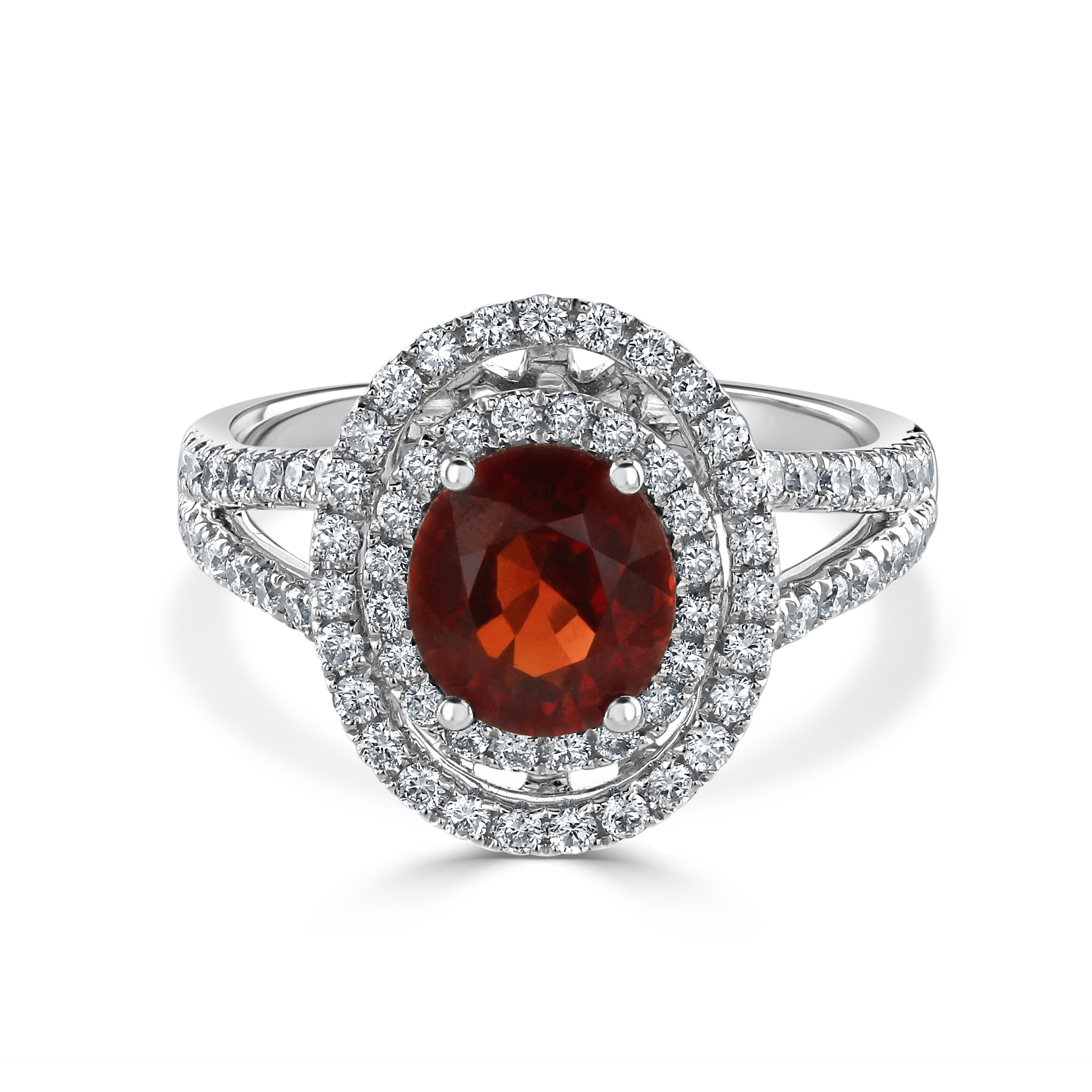 18ct White Gold Oval Red Spinel & Diamond Double Halo Cluster Ring with Split Diamond Shoulders