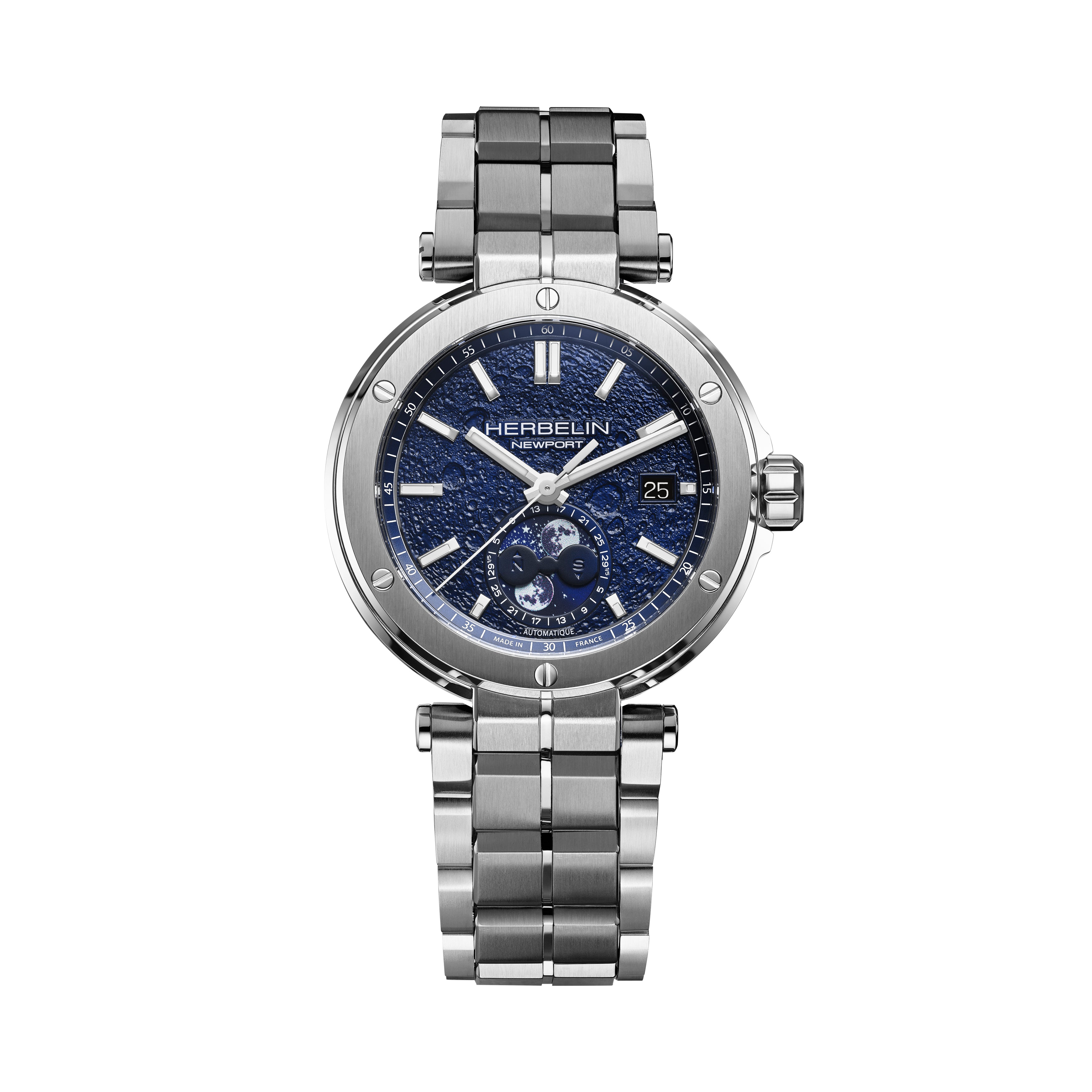 Newport Moonphase Automatic Watch. Blue Dial Stainless Steel Bracelet.