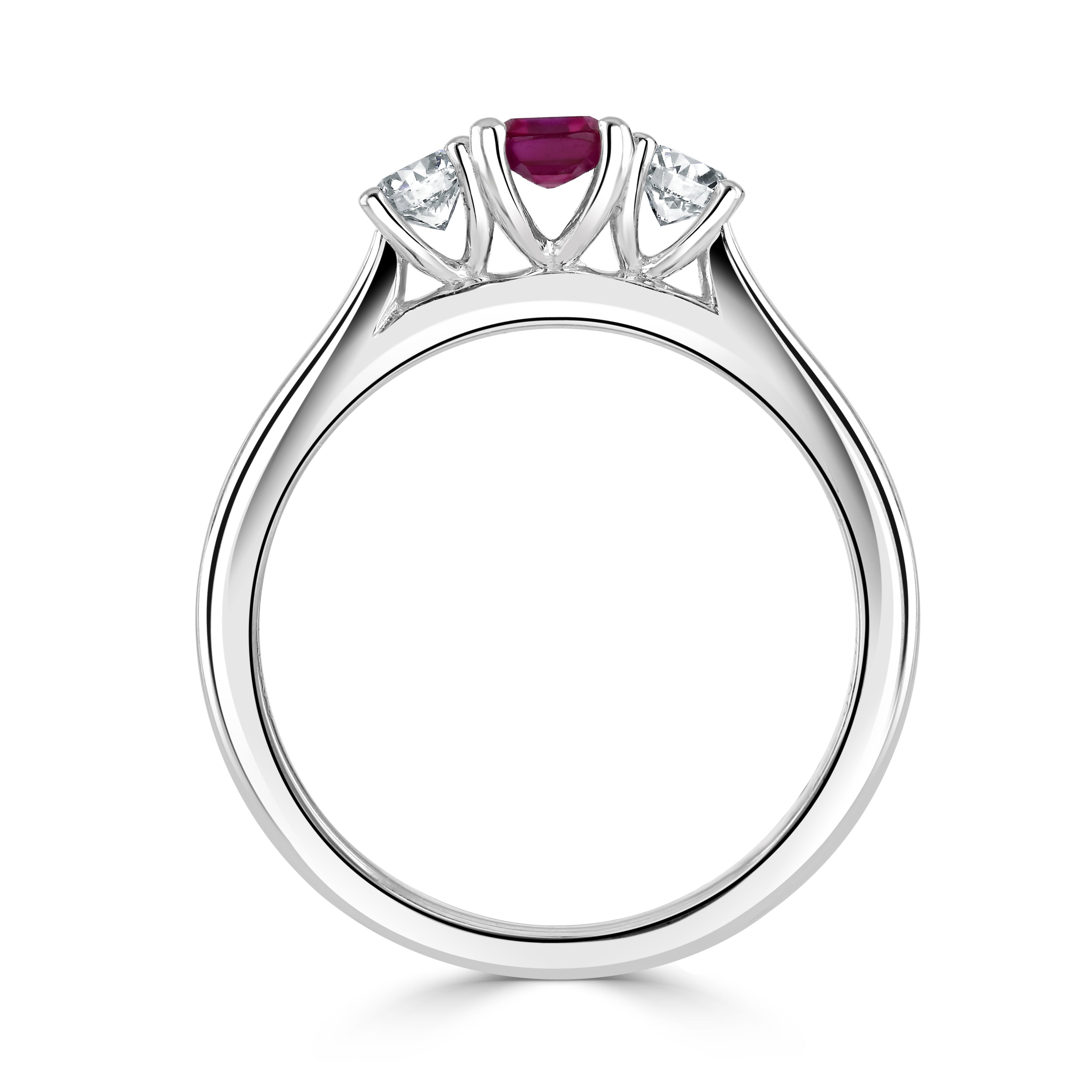 Platinum Cushion Cut Pink Sapphire & Round Brilliant Cut Diamond Trilogy Ring