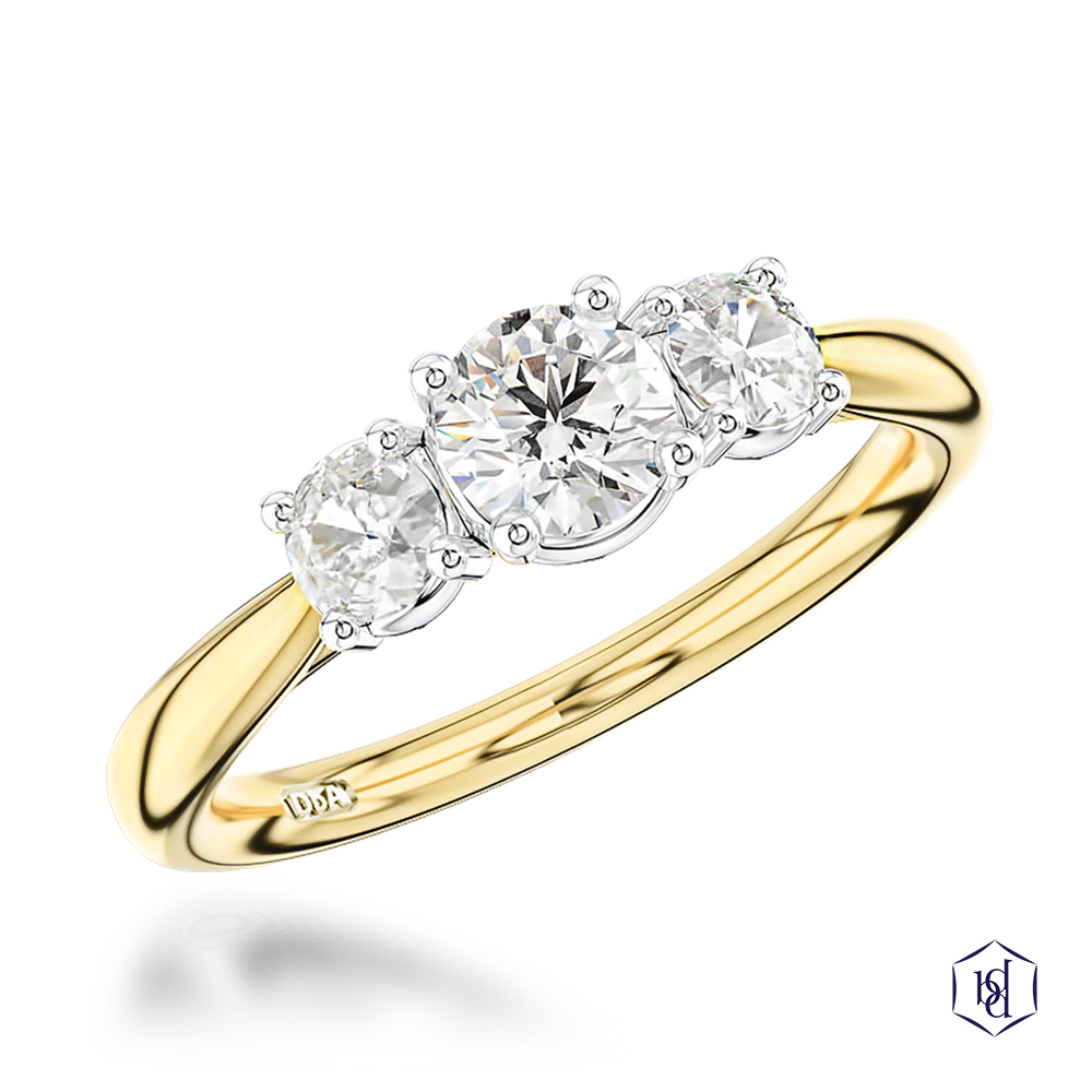 Trilogy Classic Round Brilliant Cut 18ct Yellow Gold Shank and Platinum Head Three Stone Diamond