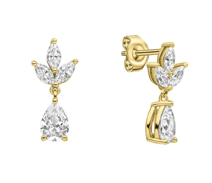 Silver Gold Plated Vine Leaf Earrings with Teardrop Drop
