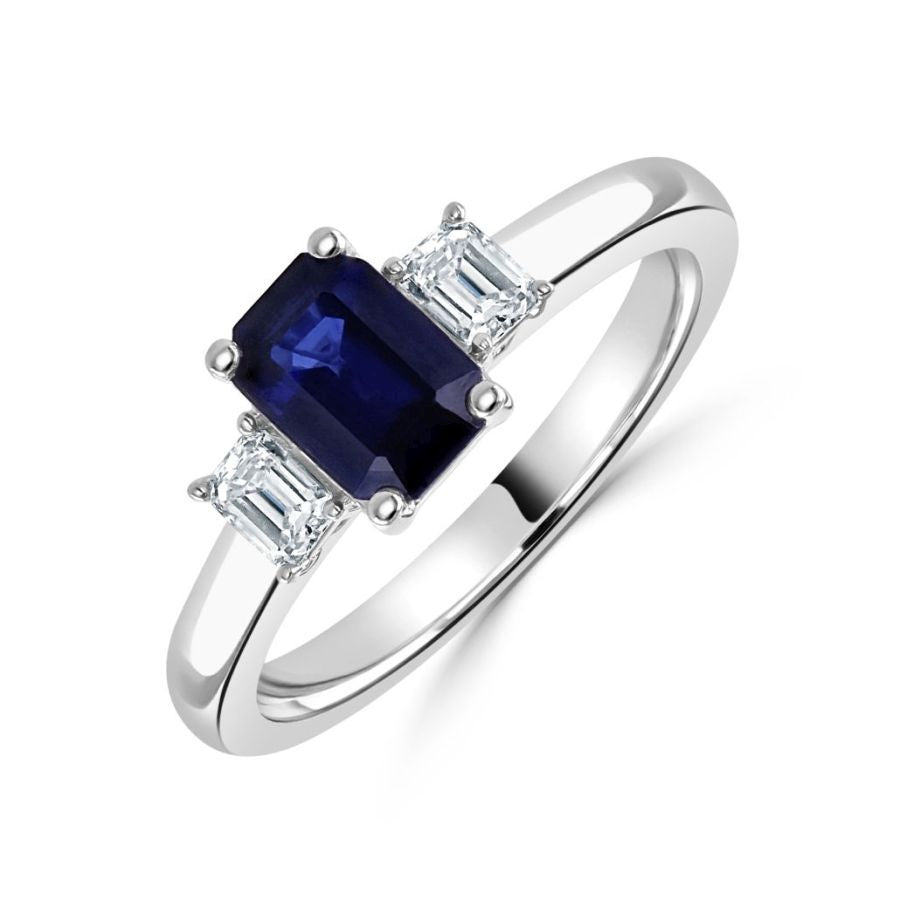 Platinum Octagonal Cut Sapphire & Diamond Trilogy Ring
