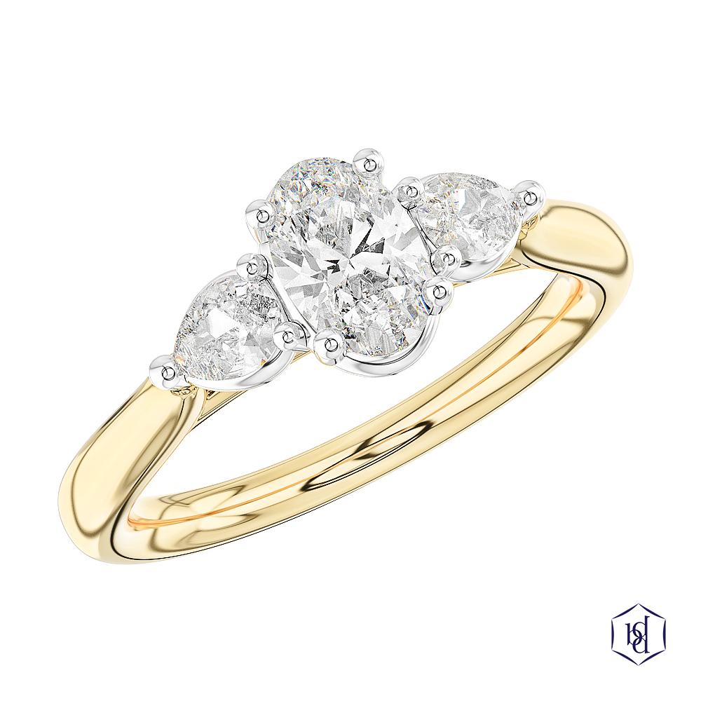 Florentine Oval Cut 18ct Yellow Gold Shank and Platinum Head Three Stone Diamond