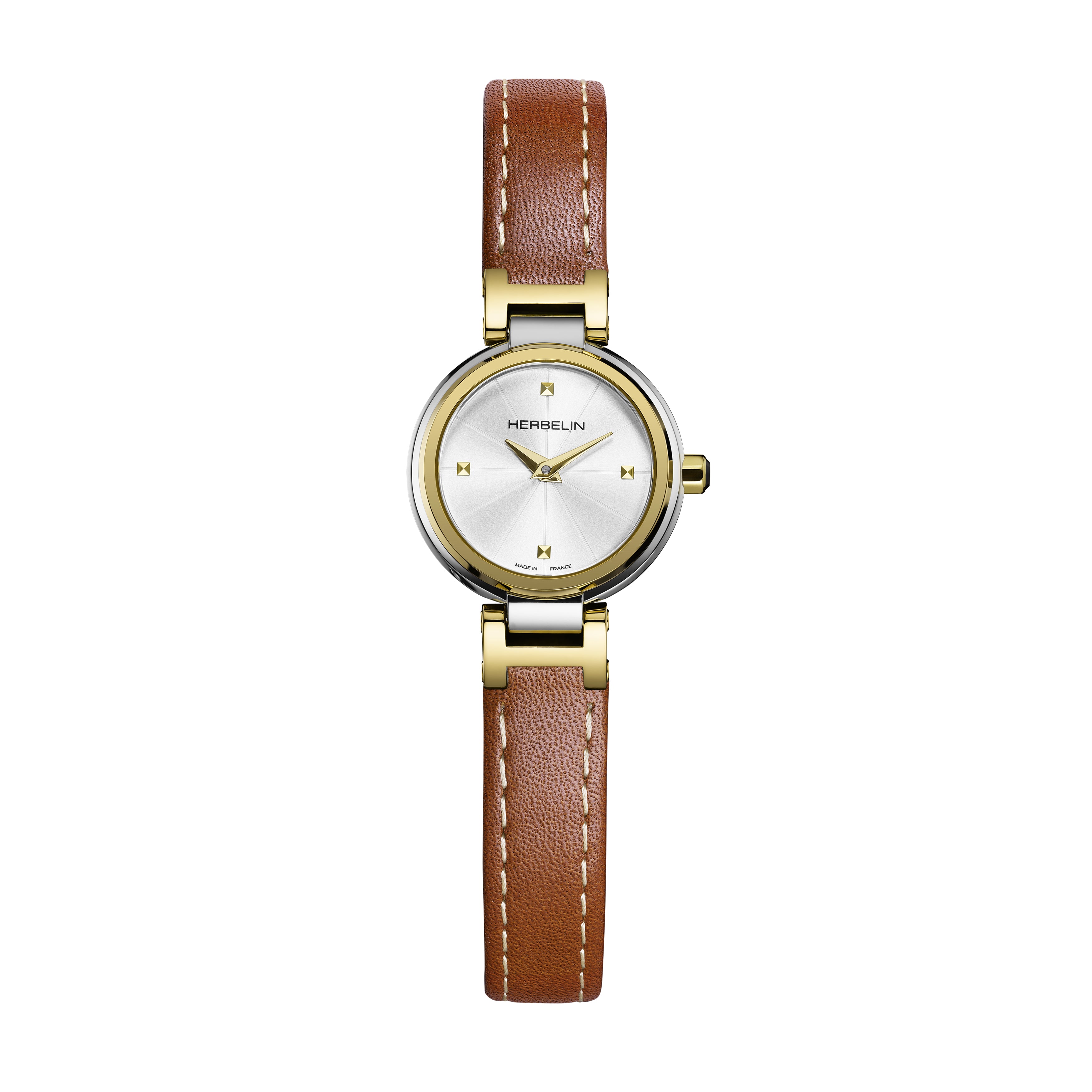 Lady H Quartz Watch. Silver Dial, Two Tone Case and Brown Leather Strap