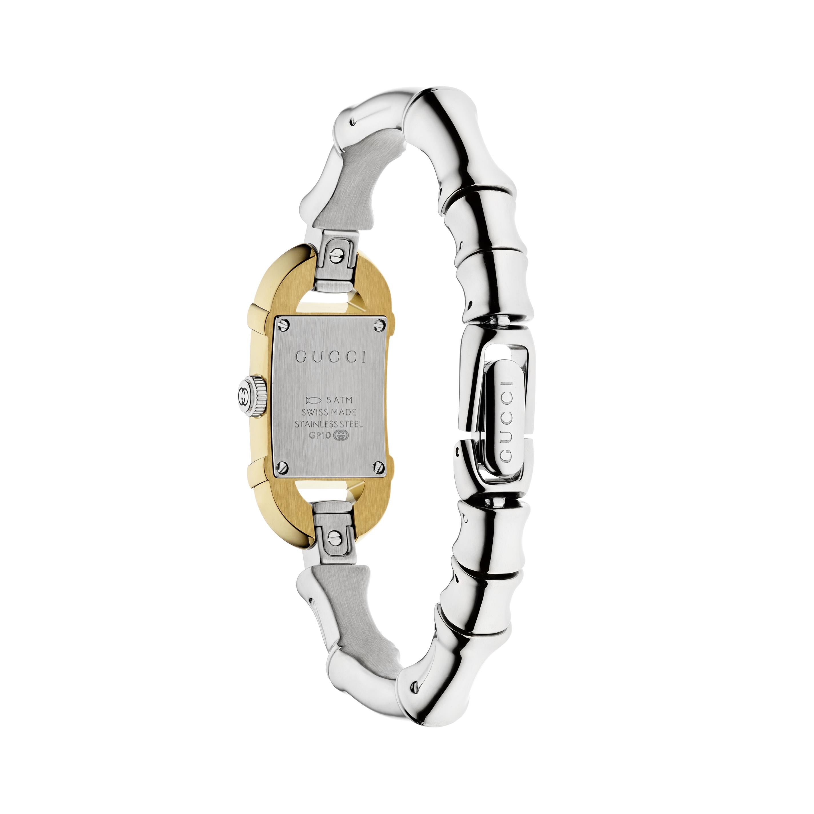 Bamboo Quartz Watch. White Dial, Yellow Gold Plated Case. Stainless Steel Bangle