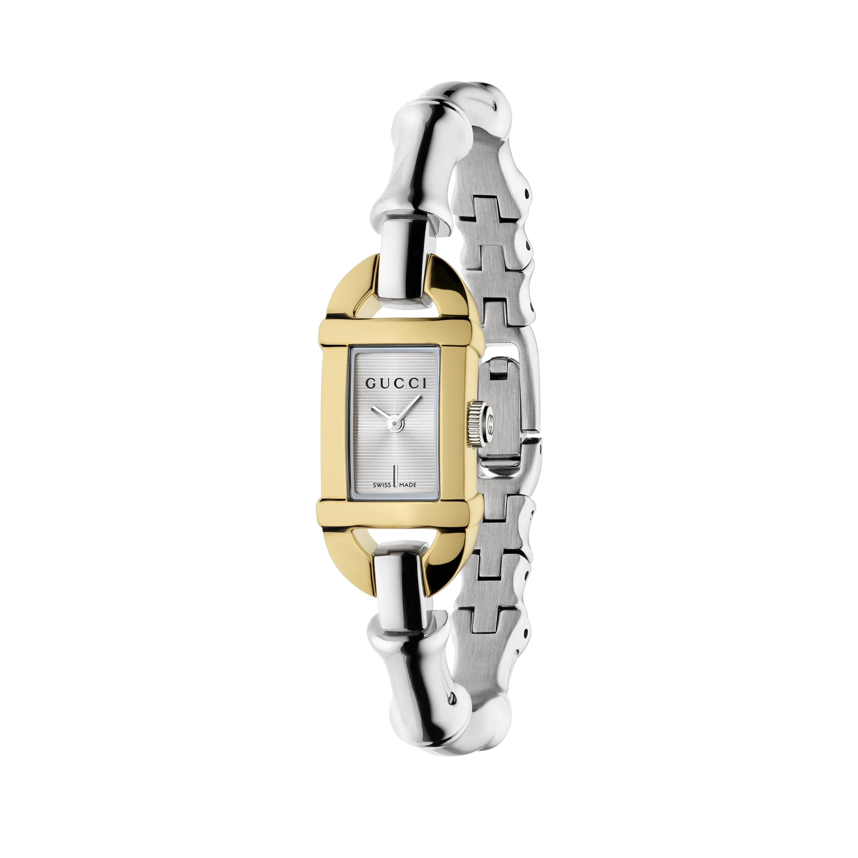 Bamboo Quartz Watch. White Dial, Yellow Gold Plated Case. Stainless Steel Bangle