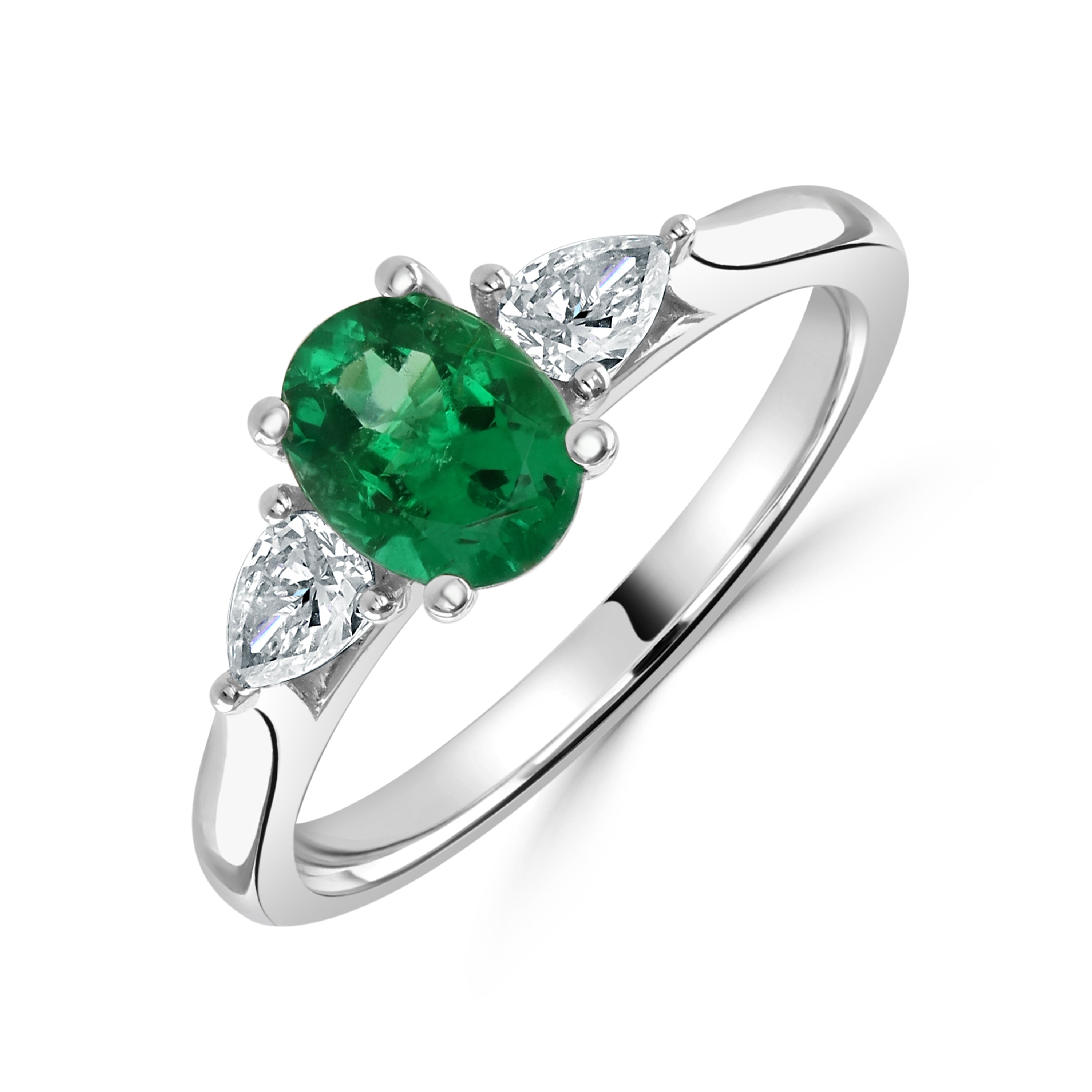 Platinum Oval Cut Emerald & Pear Cut Diamond Trilogy Ring