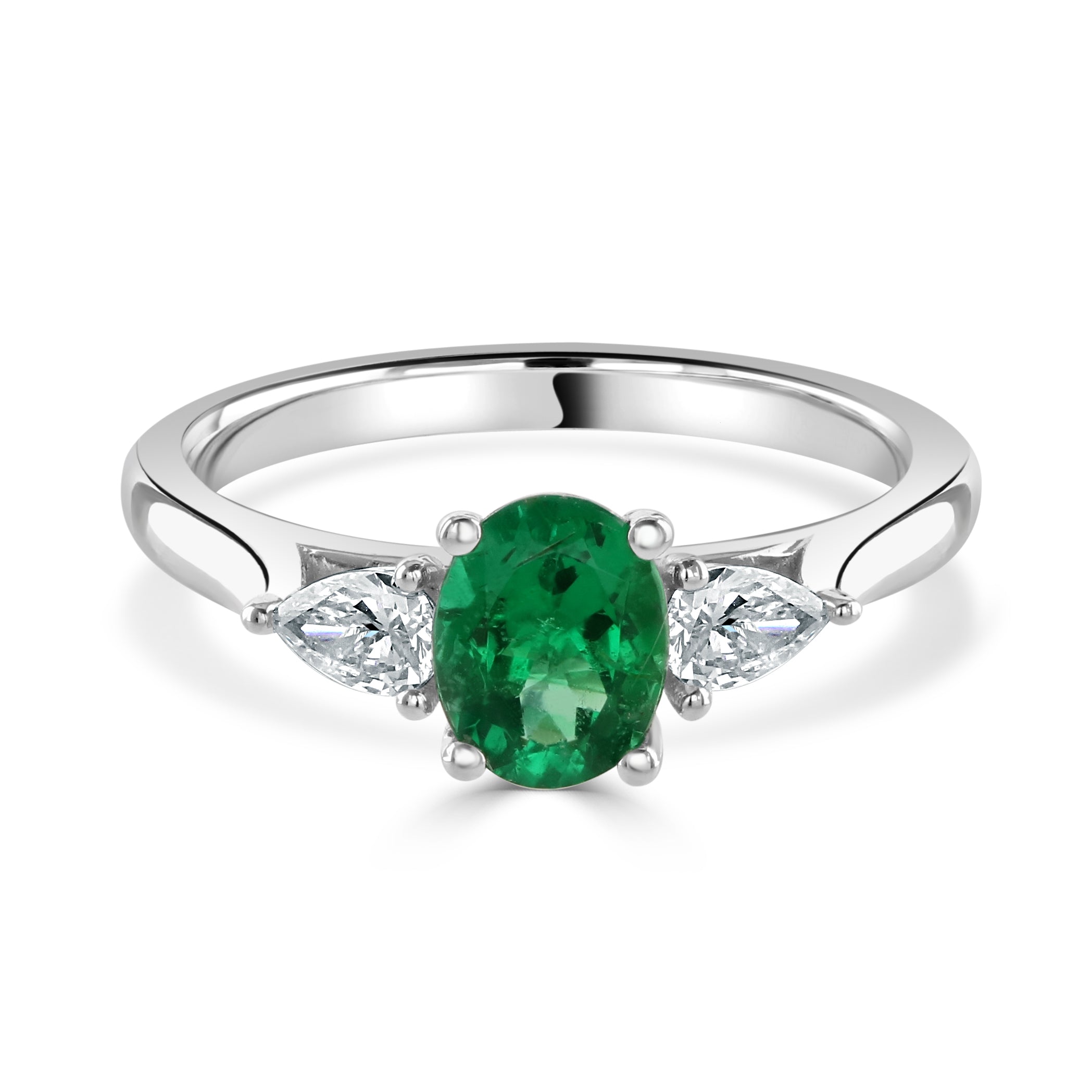 Platinum Oval Cut Emerald & Pear Cut Diamond Trilogy Ring