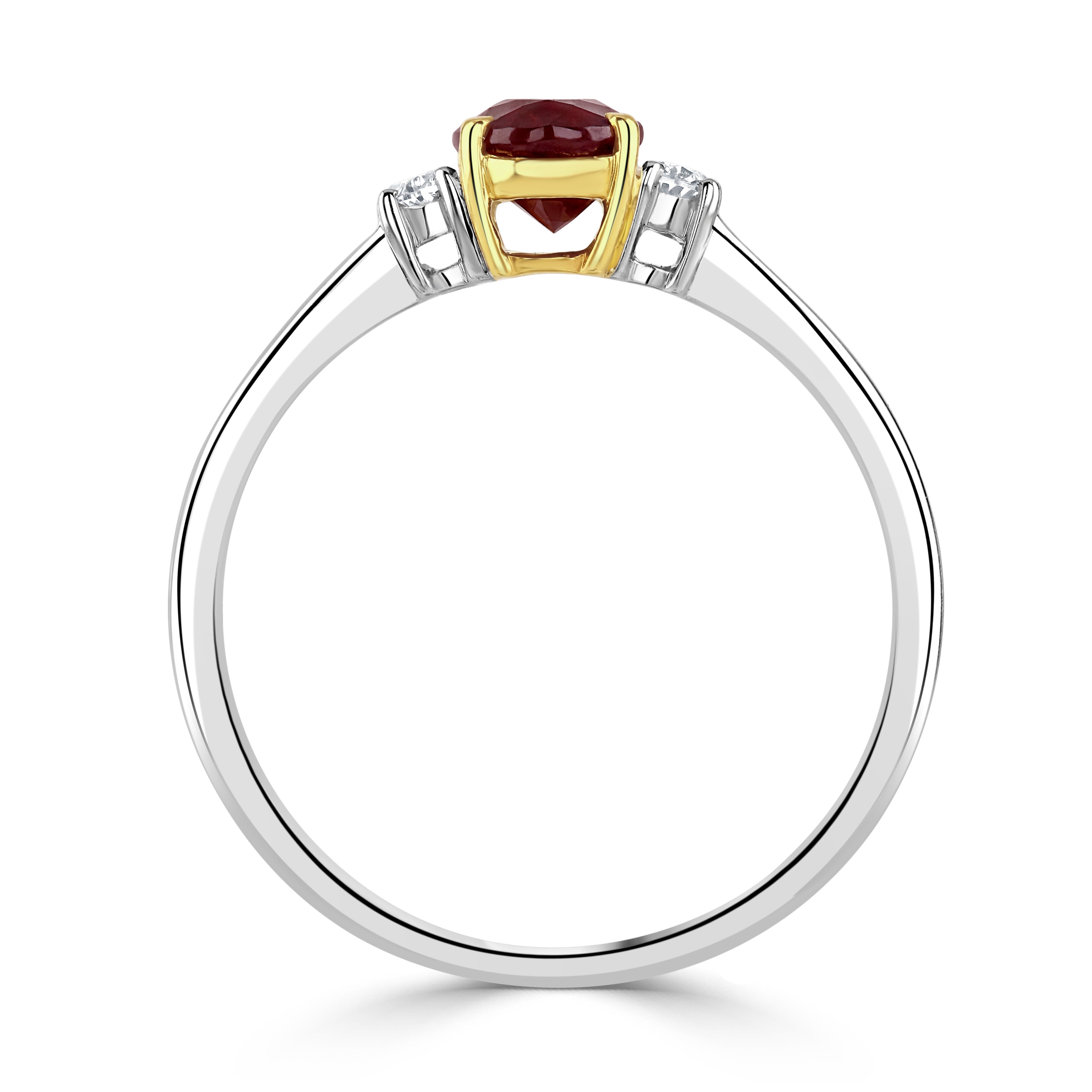 18ct Gold yellow and white gold oval ruby and oval diamond claw set 3 stone ring