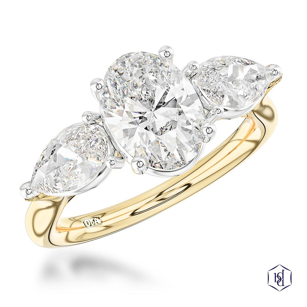 Florentine Oval Cut 18ct Yellow Gold Shank and Platinum Head Three Stone Diamond