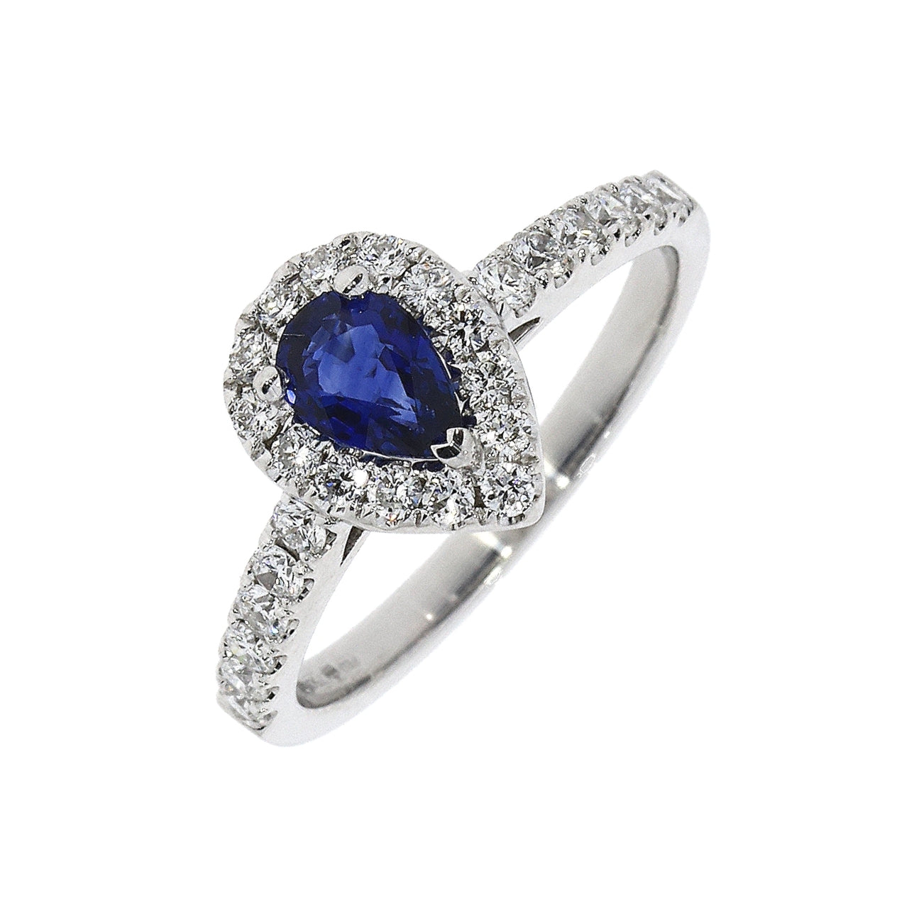 18ct White Gold Pear Sapphire and Diamond Cluster Ring with Diamond Shoulders