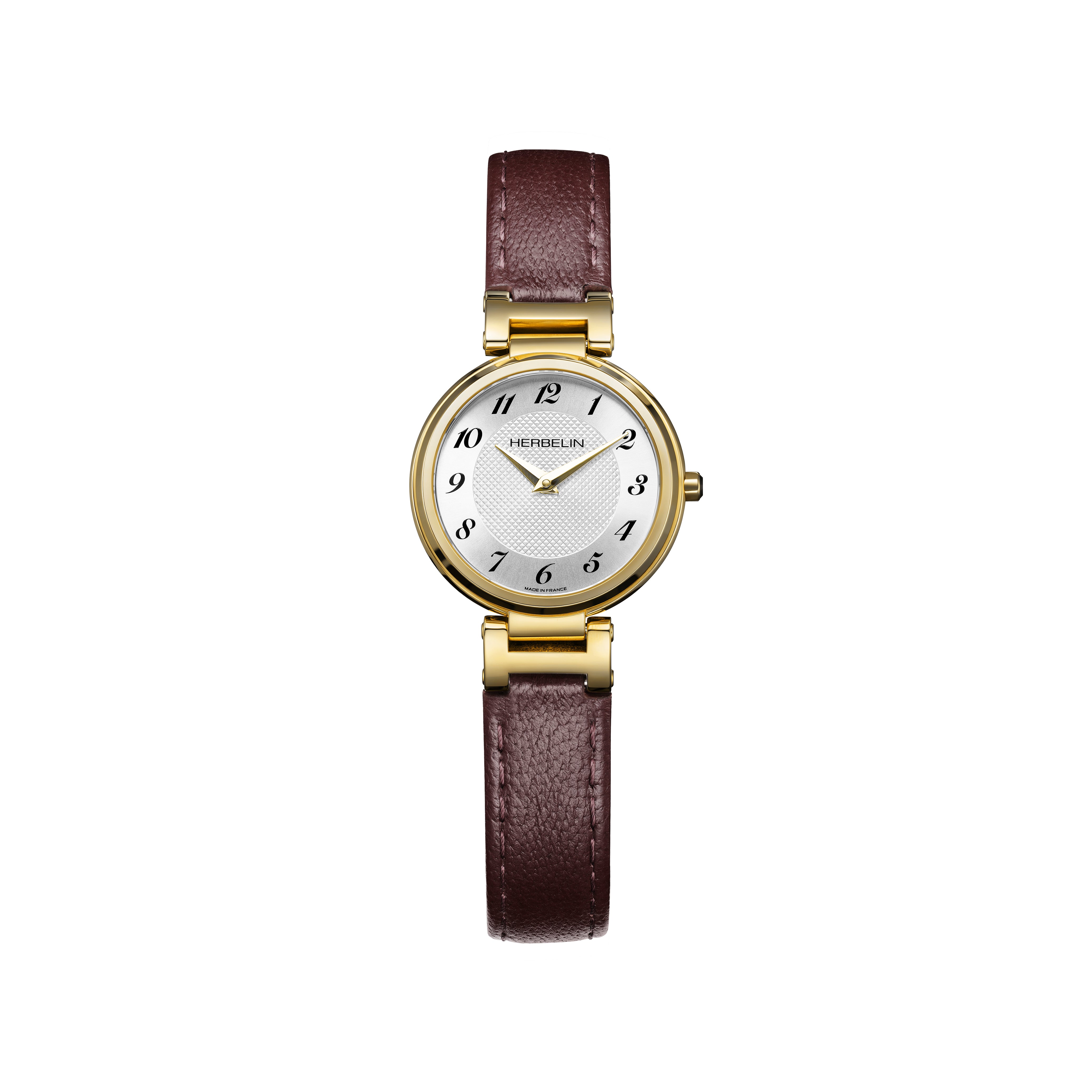 Lady H Quartz Watch. White Dial, Gold PVD Case Burgandy Leather Strap