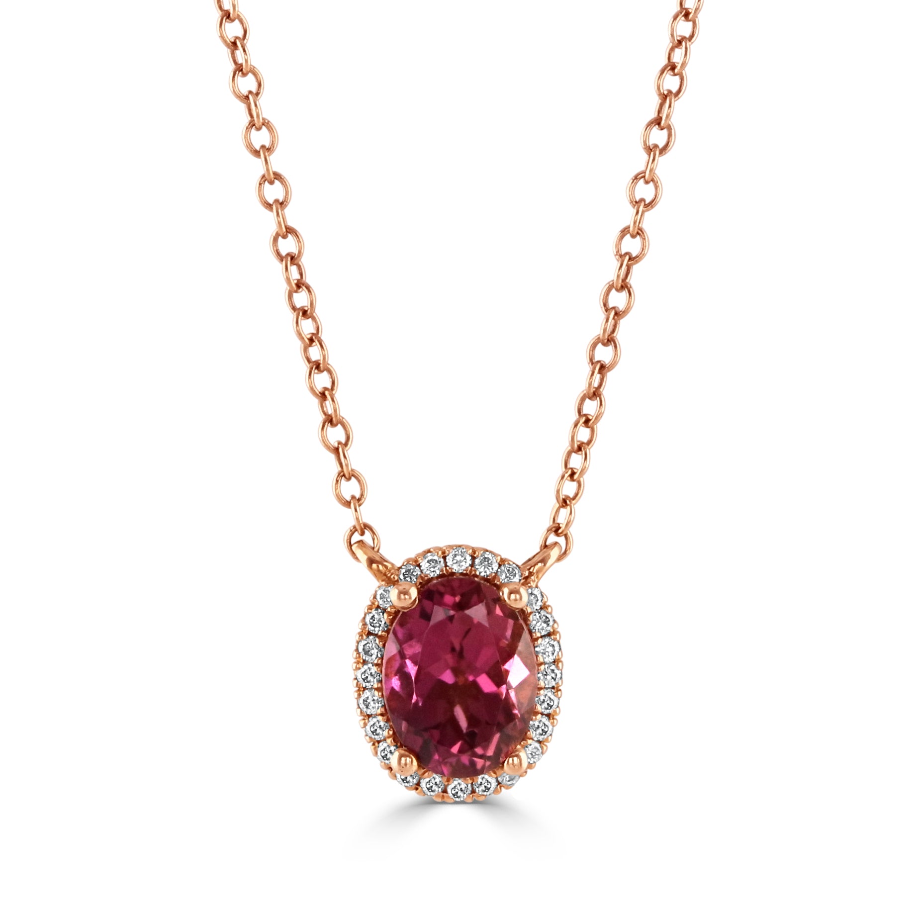 18ct Rose Gold Oval Pink Tourmaline & Diamond Halo Cluster Pendant