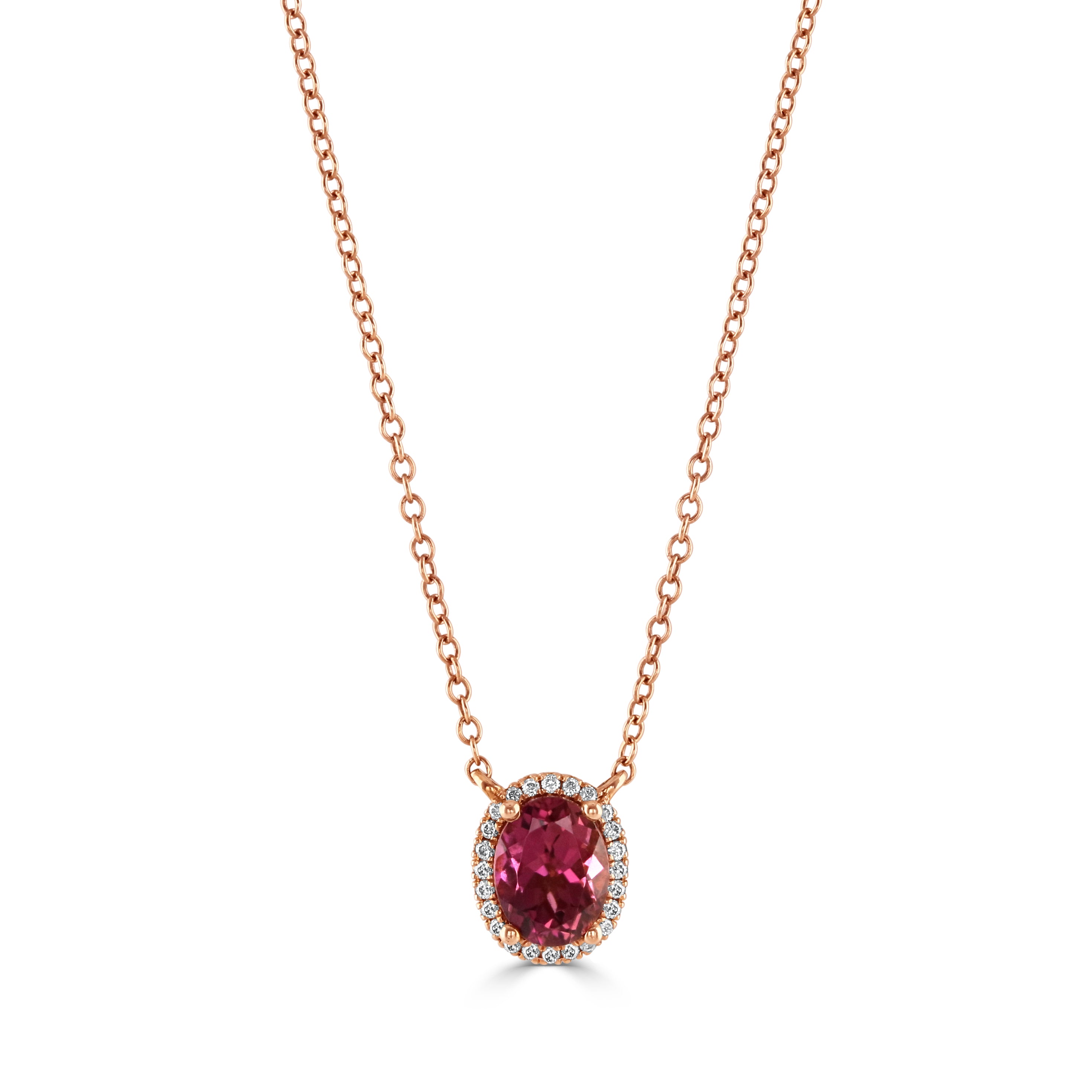 18ct Rose Gold Oval Pink Tourmaline & Diamond Halo Cluster Pendant