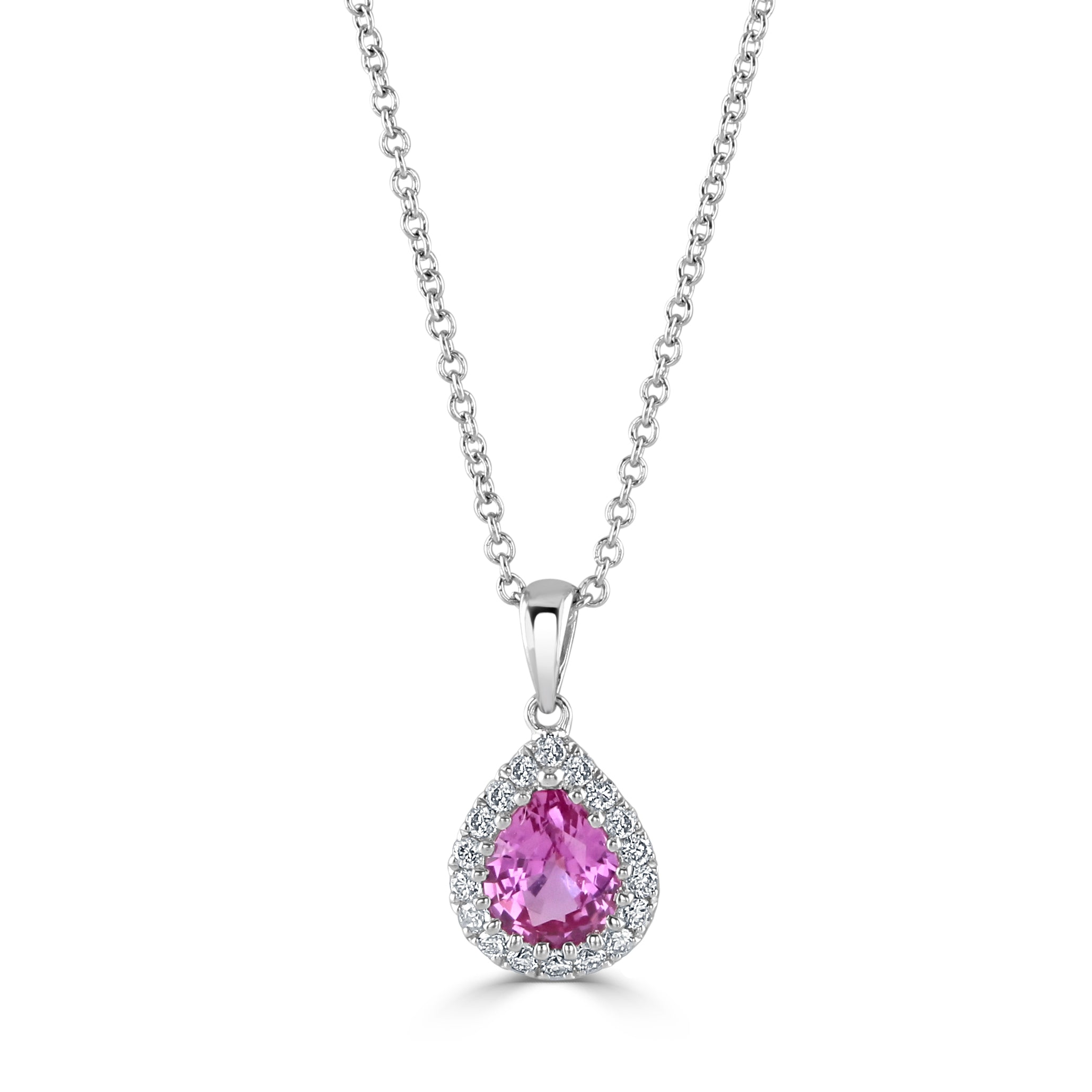 18ct White Gold Pear Cut Pink Sapphire & Diamond Halo Cluster Pendant