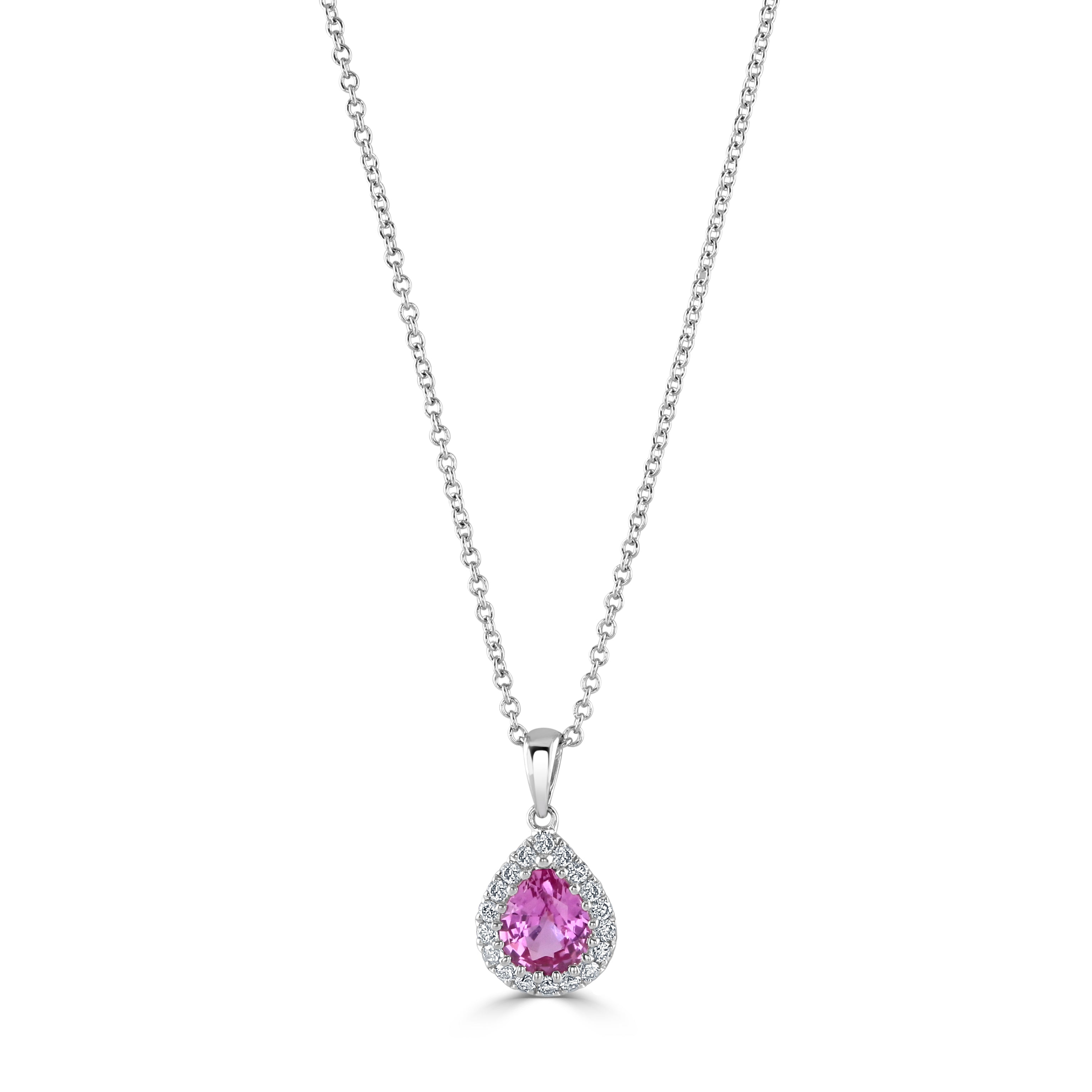 18ct White Gold Pear Cut Pink Sapphire & Diamond Halo Cluster Pendant