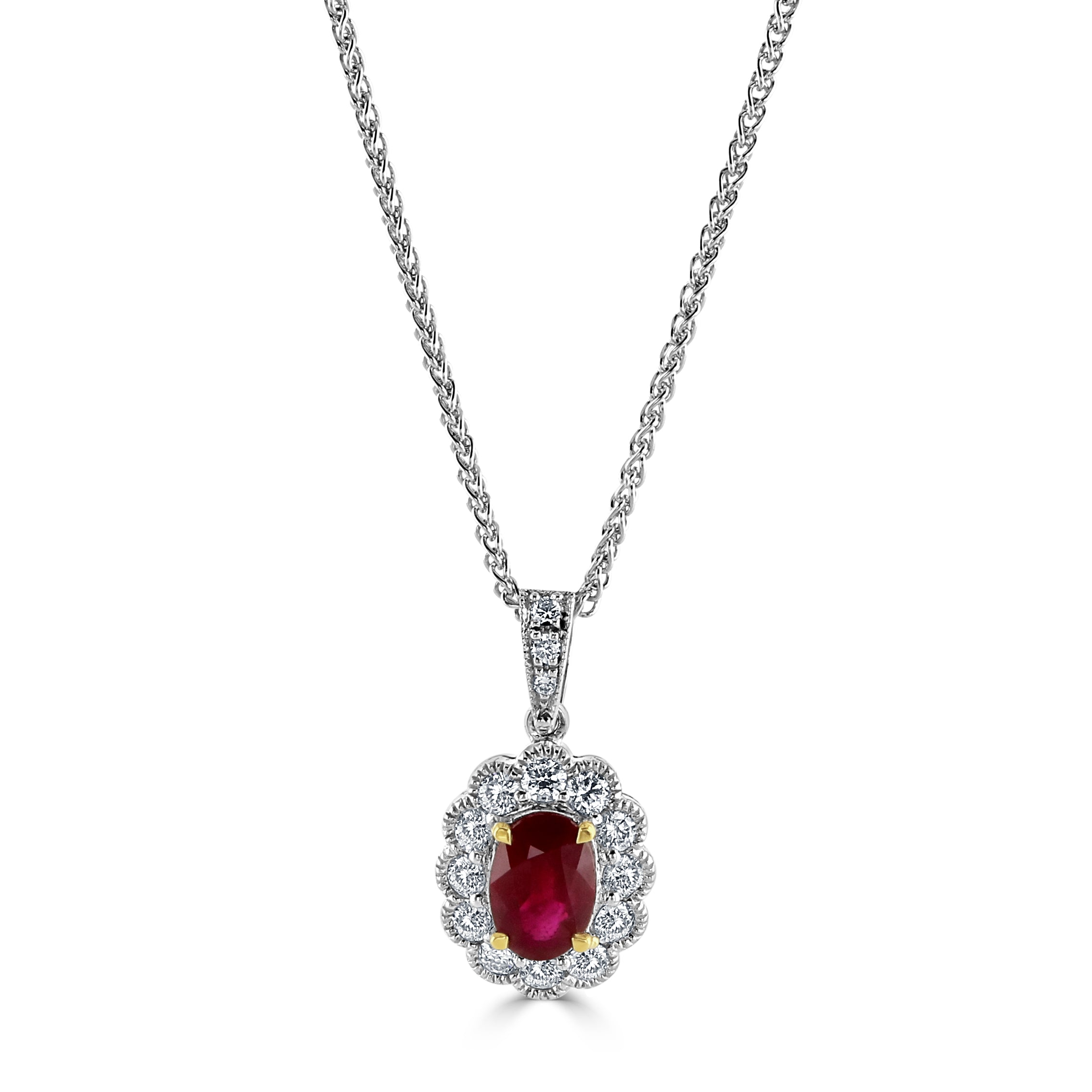 18ct Yellow & White Gold Oval Cut Ruby & Diamond Cluster Pendant