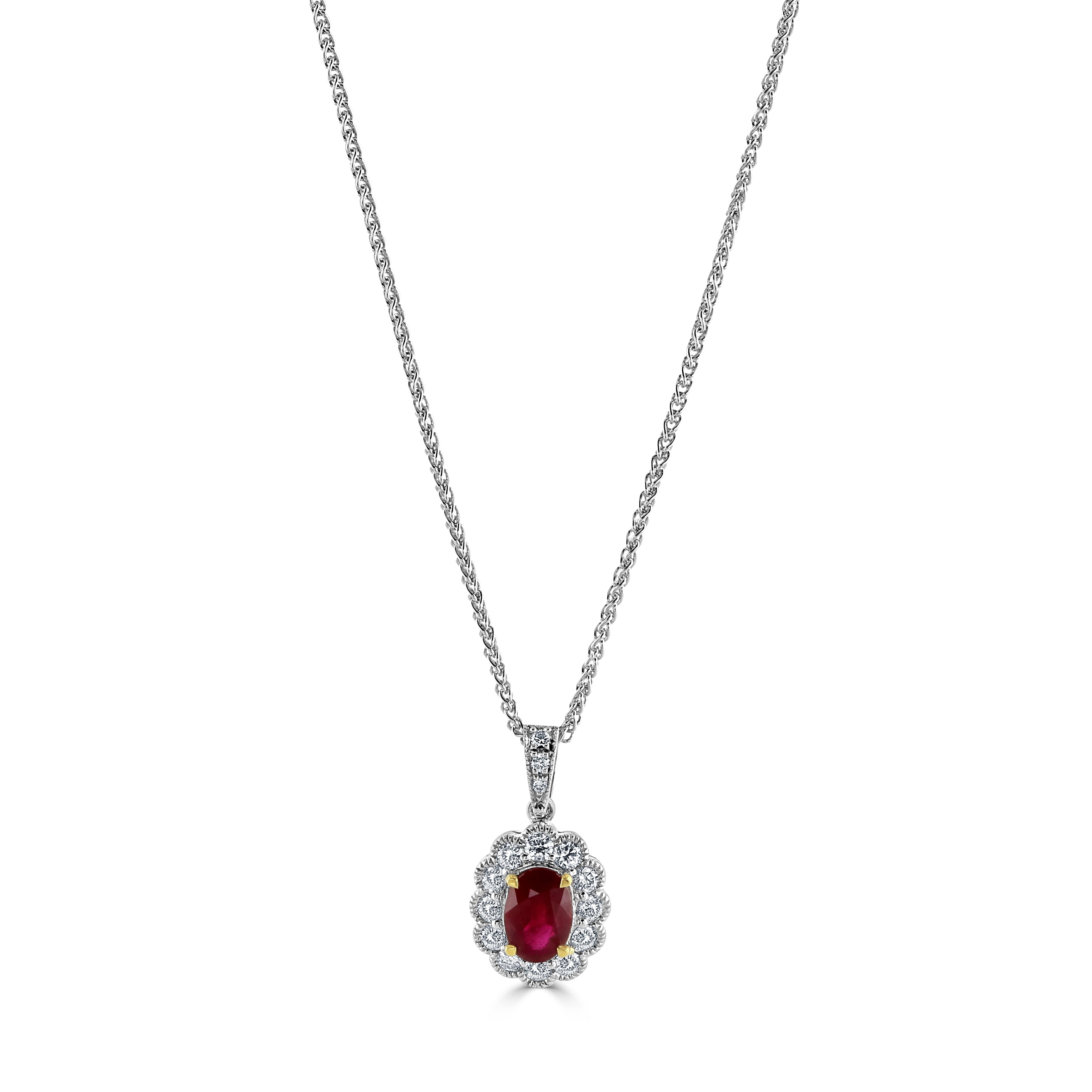 18ct Yellow & White Gold Oval Cut Ruby & Diamond Cluster Pendant