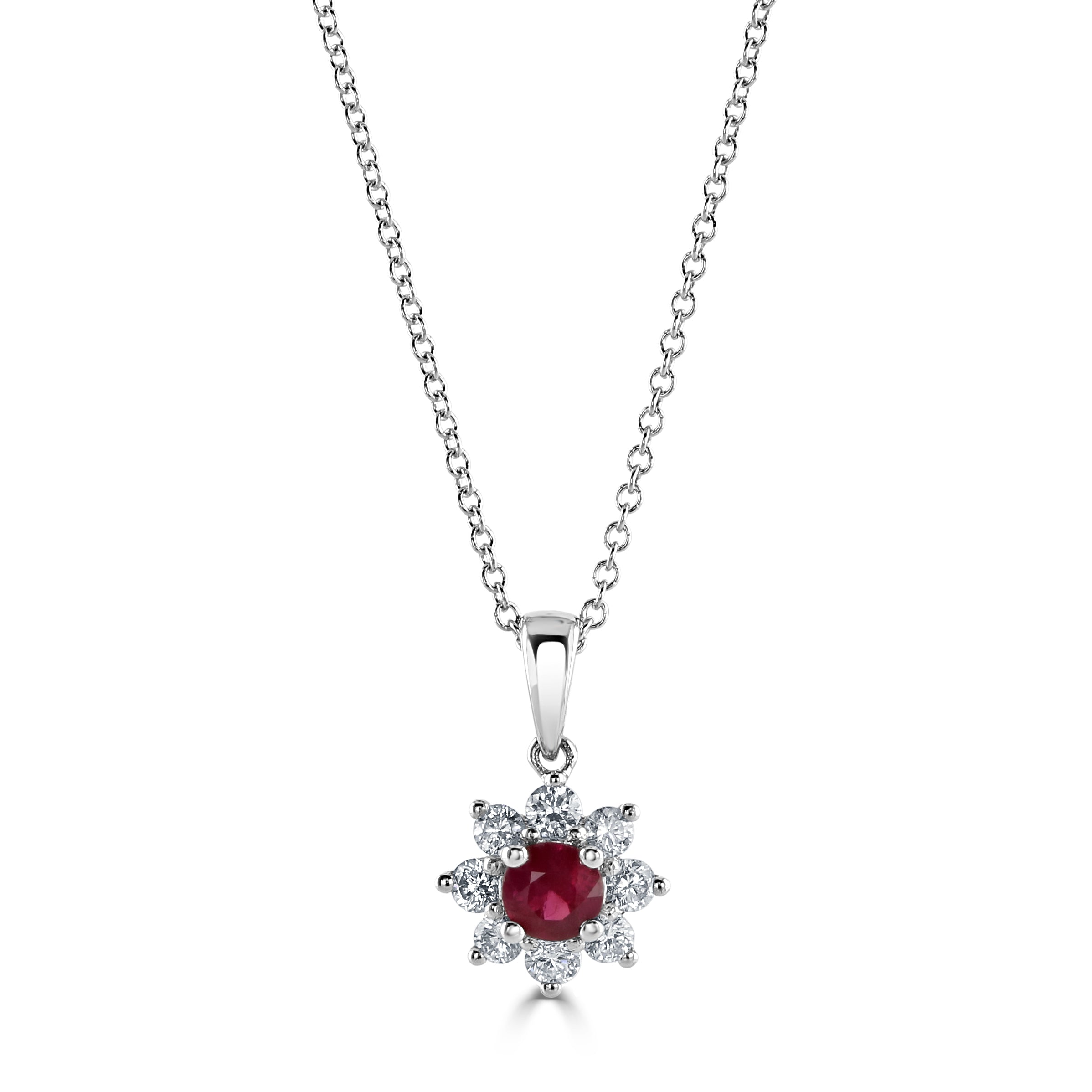 18ct White Gold Round Cut Ruby & Diamond Cluster Pendant