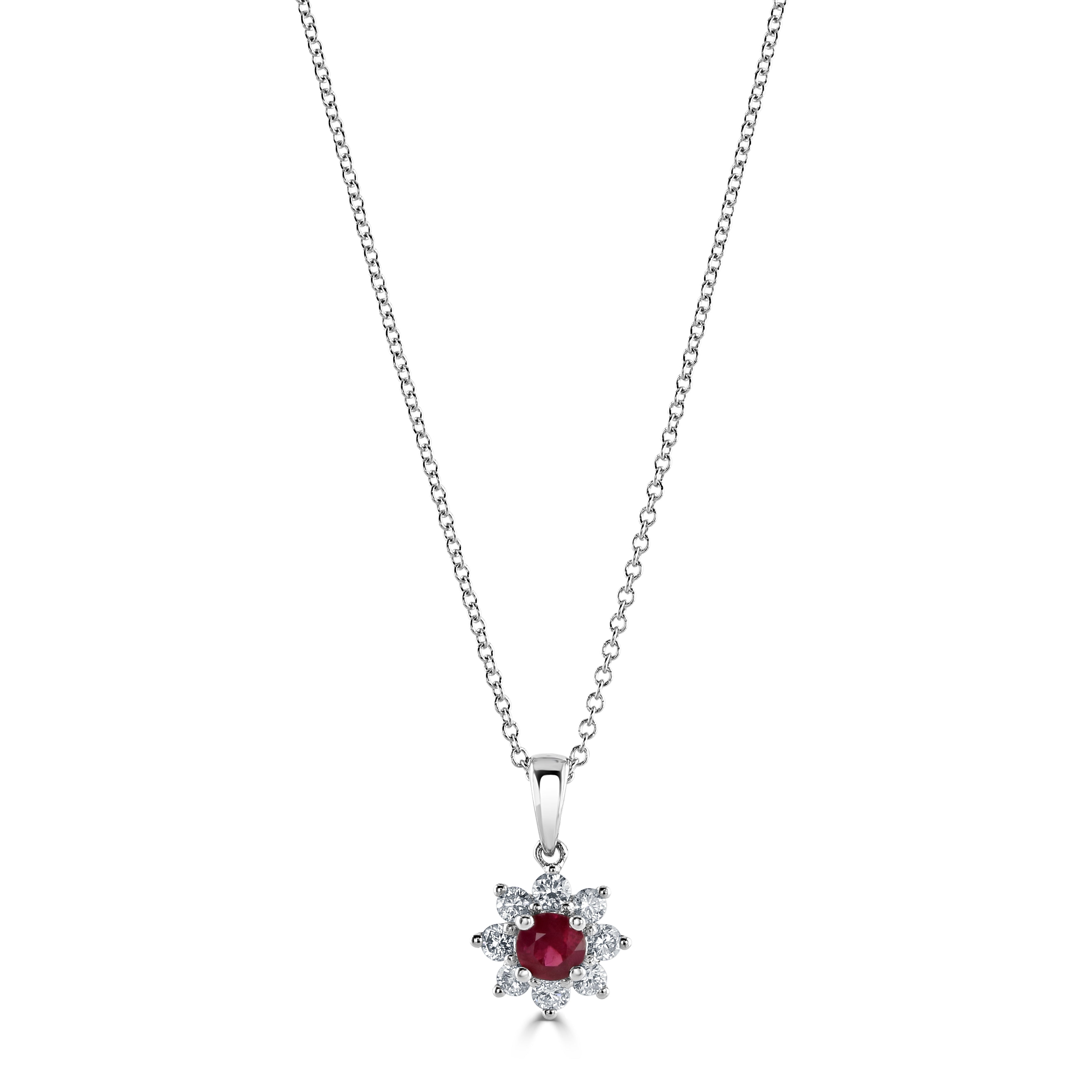 18ct White Gold Round Cut Ruby & Diamond Cluster Pendant