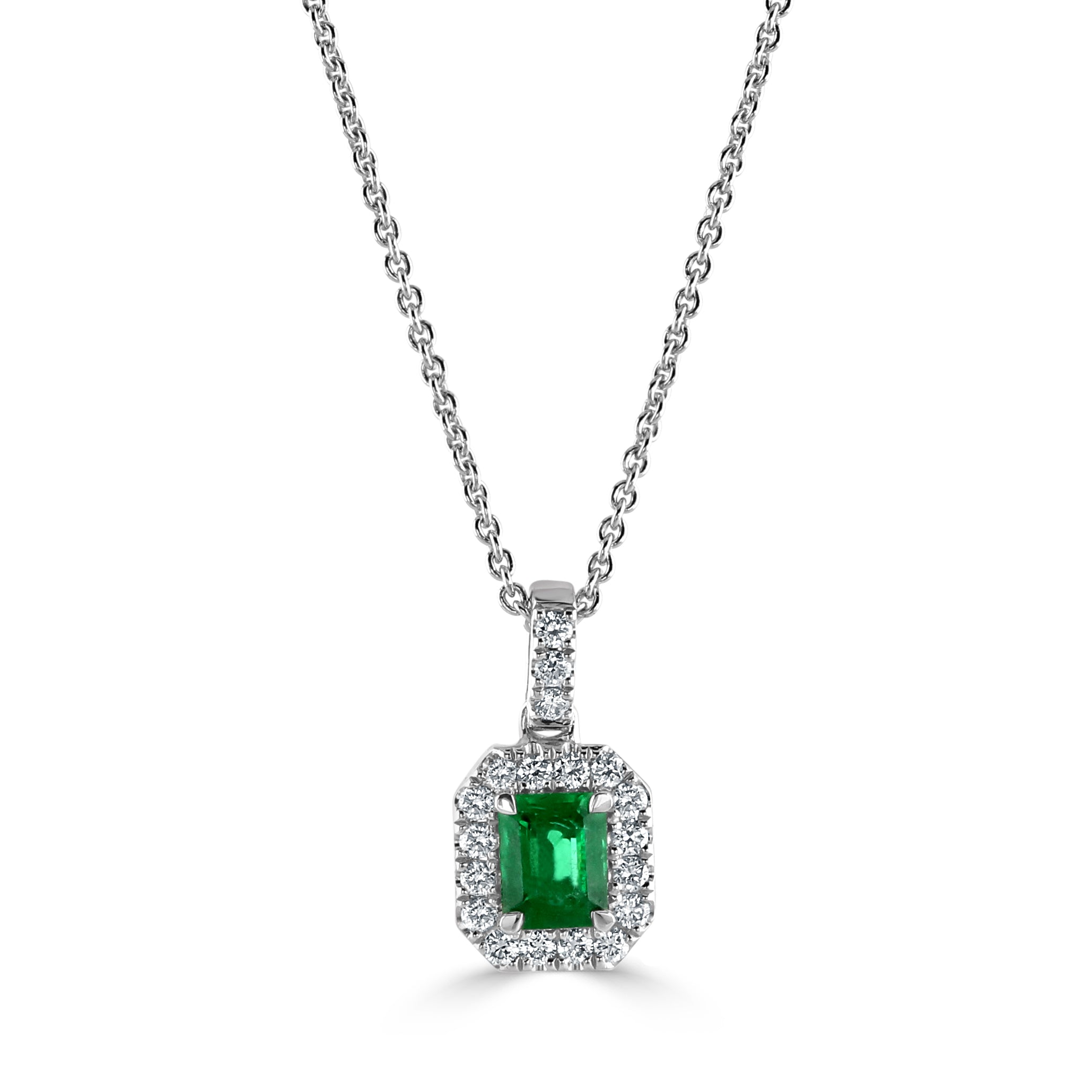 18ct White Gold Octagonal Cut Emerald & Diamond Halo Cluster Pendant