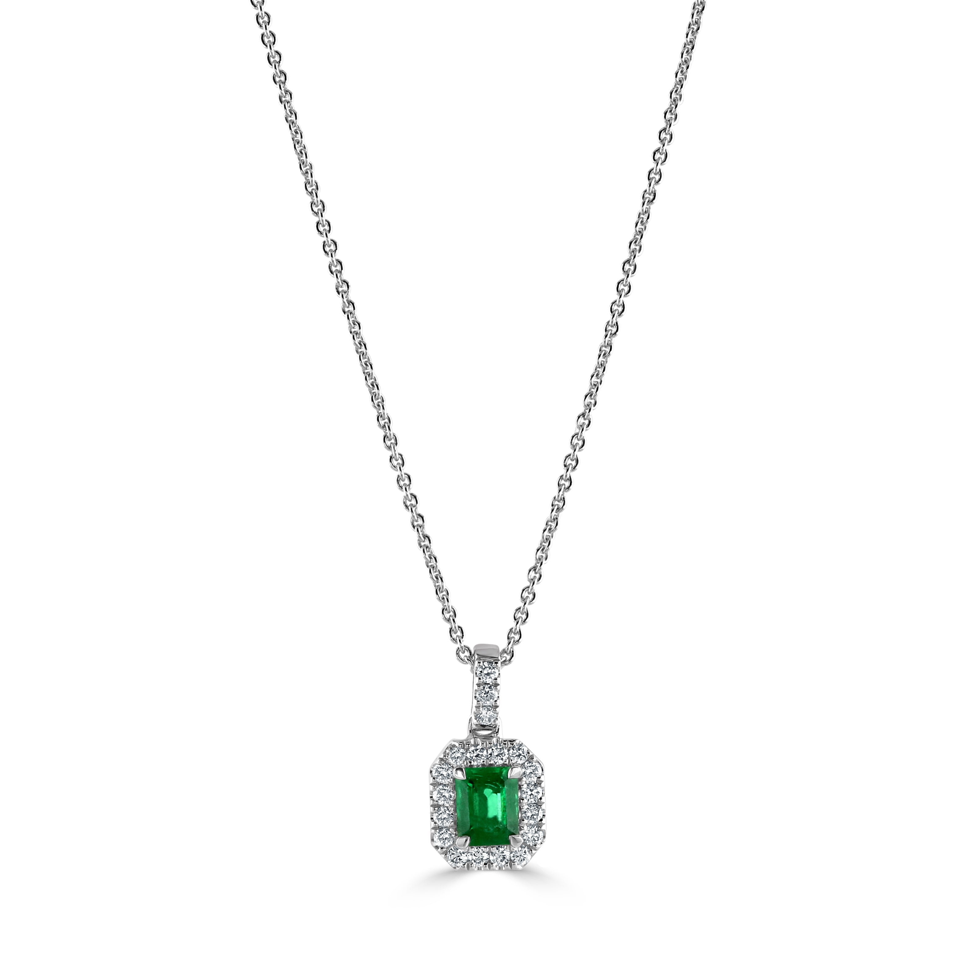 18ct White Gold Octagonal Cut Emerald & Diamond Halo Cluster Pendant